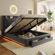 Upholstered Bed, 150x200 (5ft) King Size, Hydraulic with 2-in-1 End Storage Drawers, LED Light Strips & Slatted Frame, Dark Gray Velvet