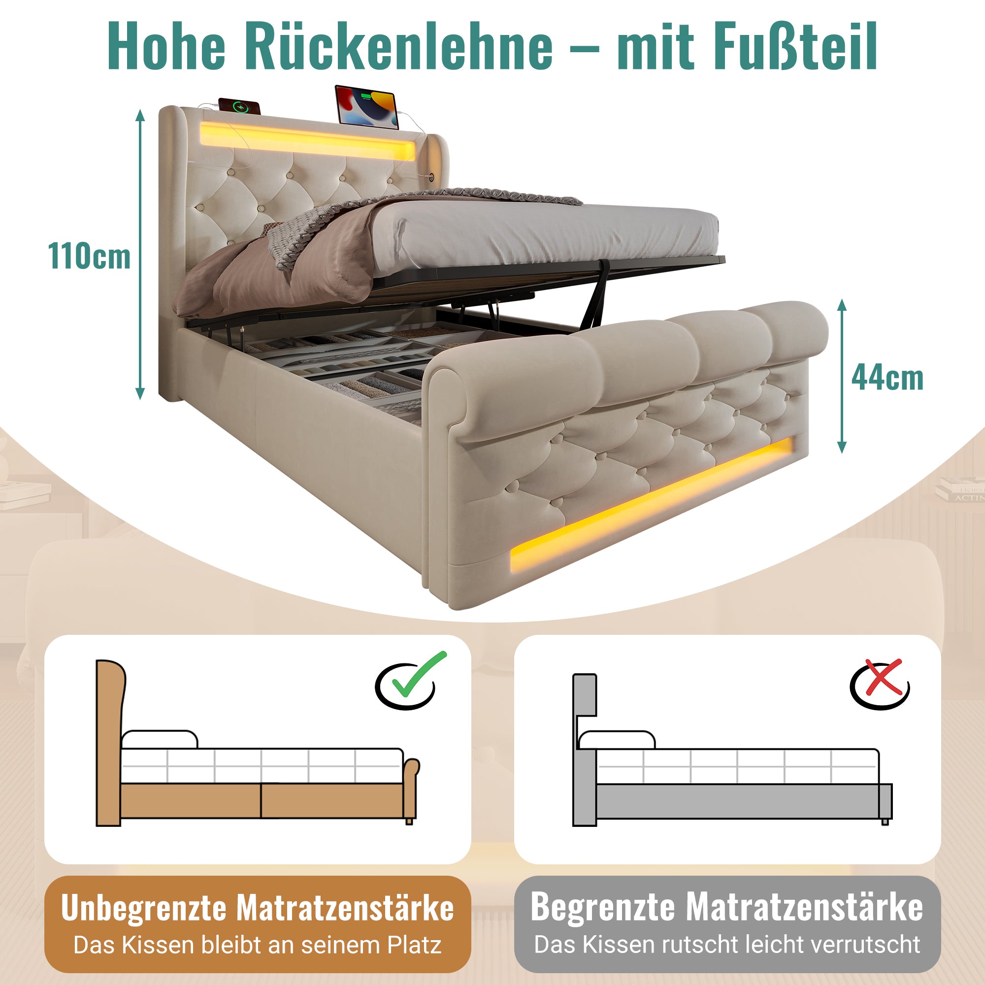 Upholstered Single Bed 90x200cm LED Headboard USB Type-C Hydraulic Storage, Beige Velvet