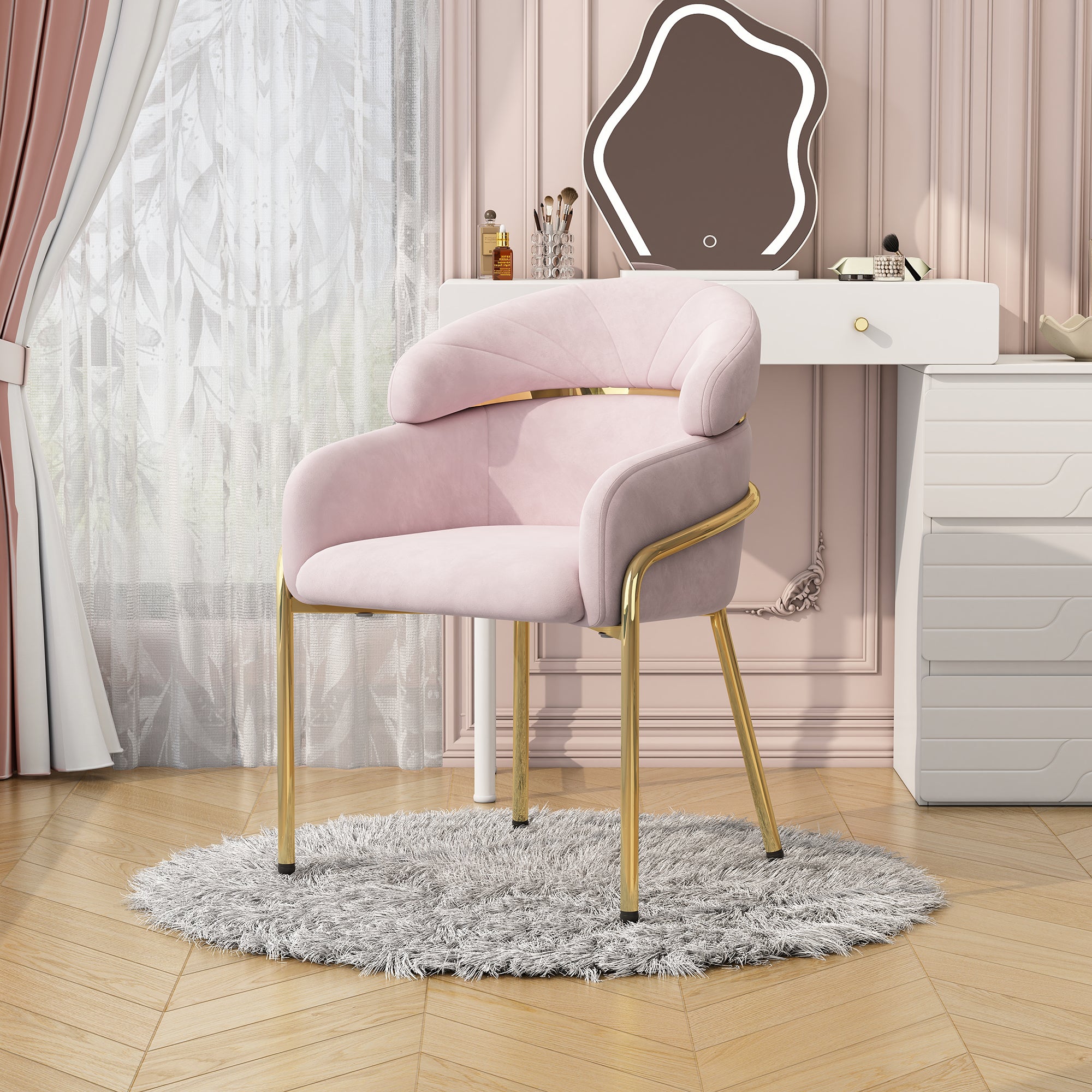 Dining Chair, Single Light Luxury Leisure Chair with Metal Legs, Velvet Pink