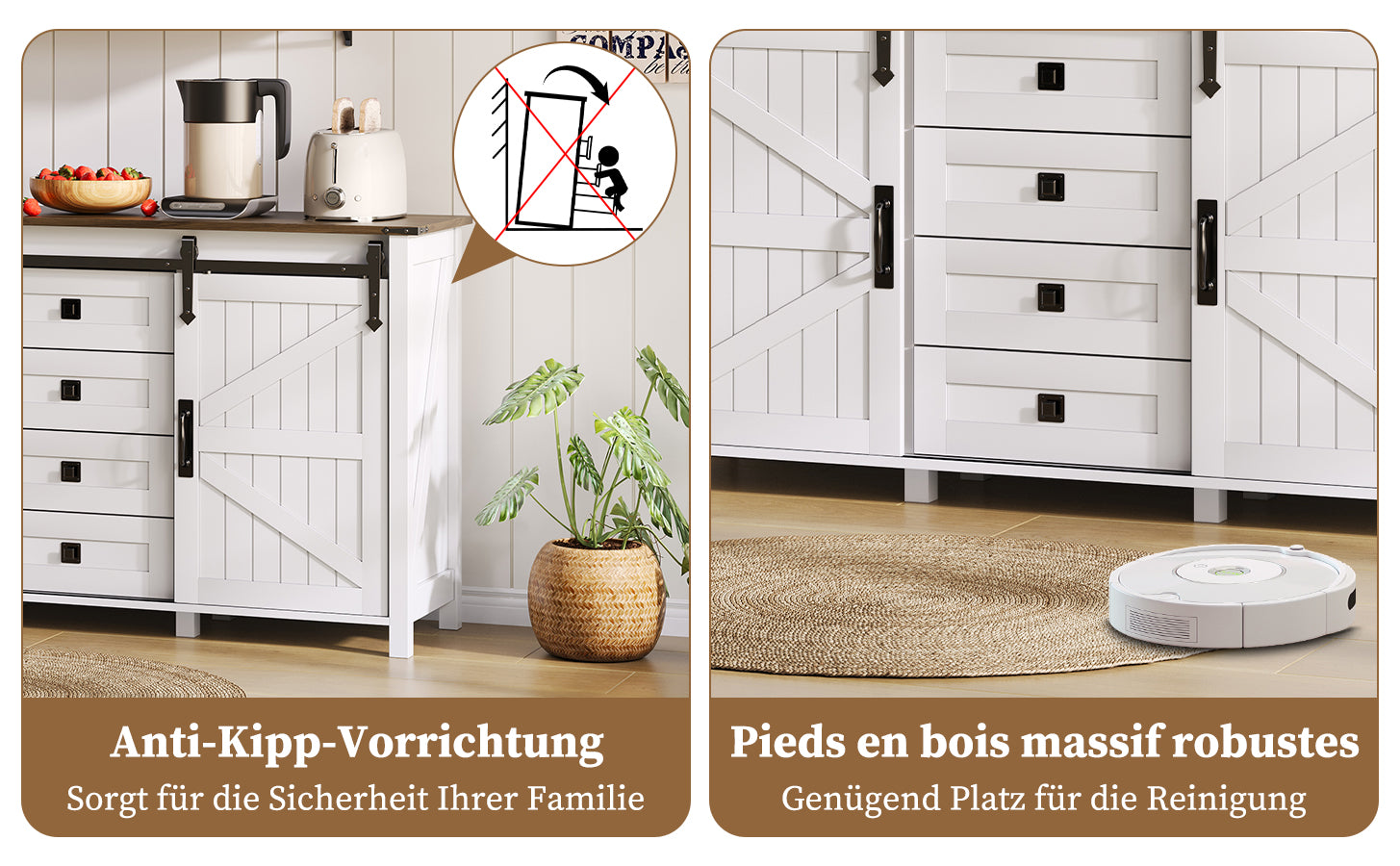 Sideboard 137cm Sliding Doors 4 Drawers Vintage Storage - White