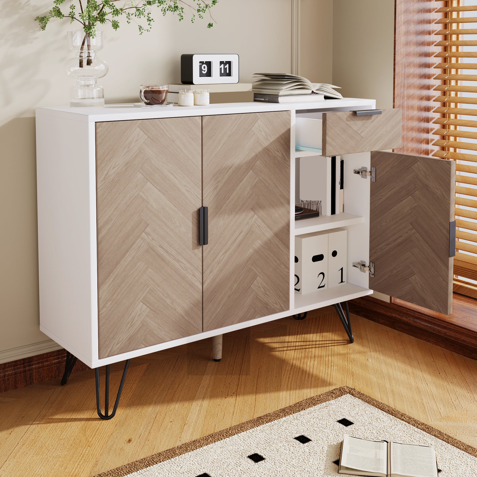 Modern storage cabinet, sideboard with drawer and adjustable shelves, white and wood look