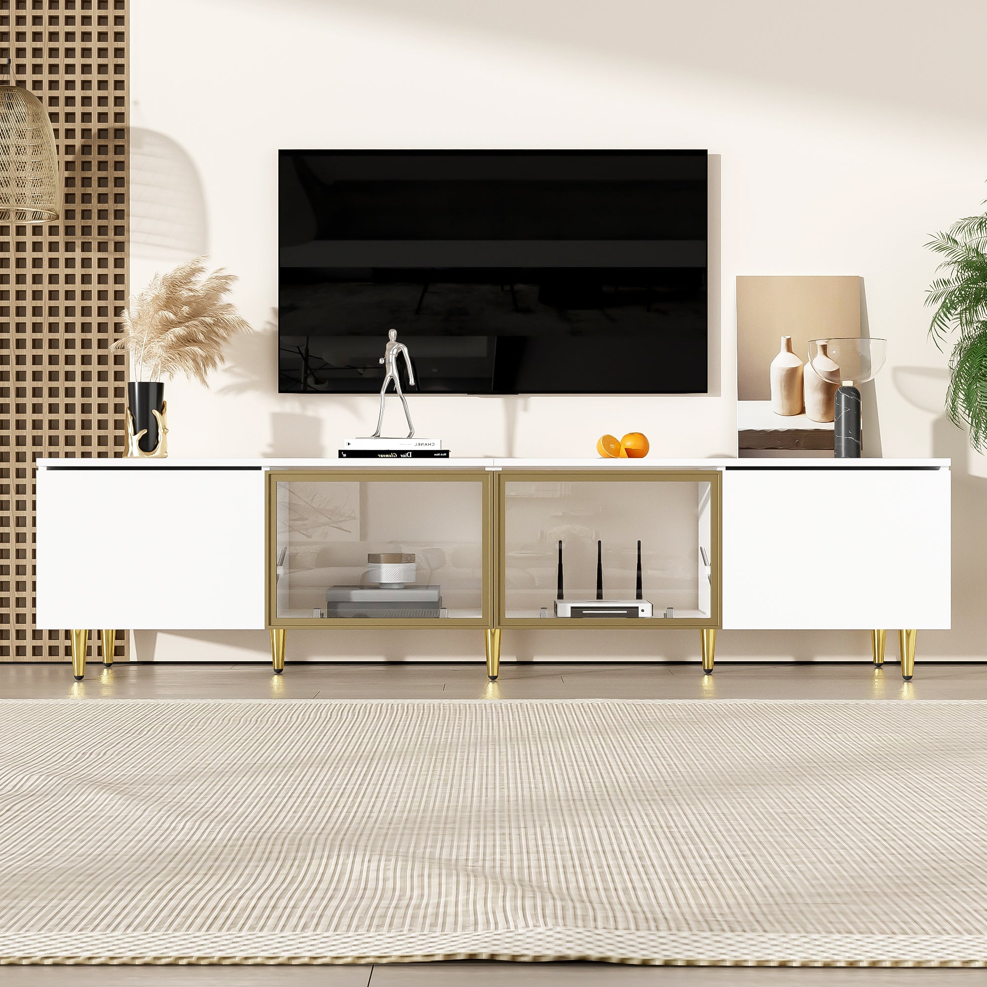 TV Cabinet 170cm Minimalist Style, Floor and Wall Mounted, 4 Doors (2 Glass Doors), White