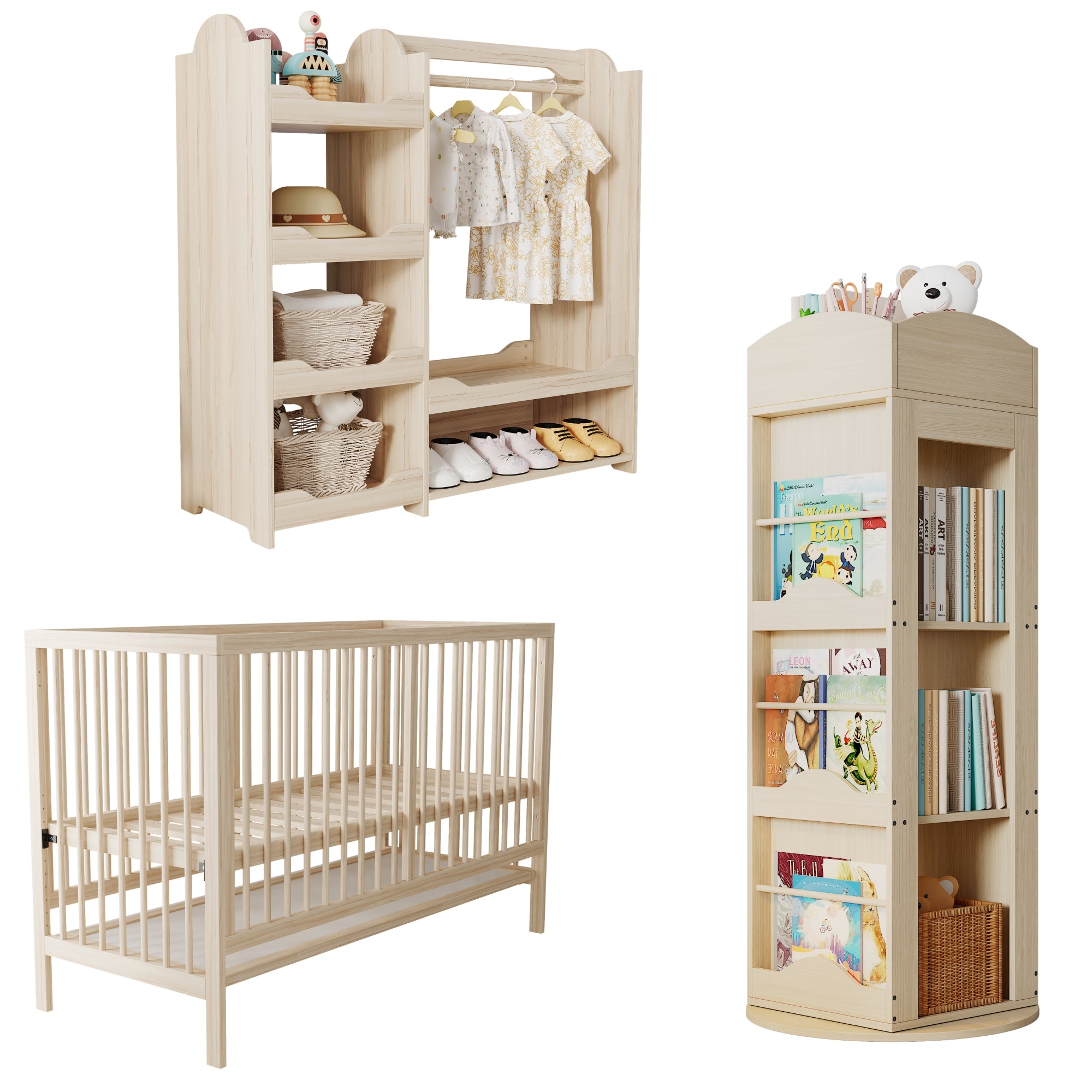 Children's Combination Furniture: Multifunctional Baby Bed, Wardrobe & Rotating Bookcase, Natural Colors