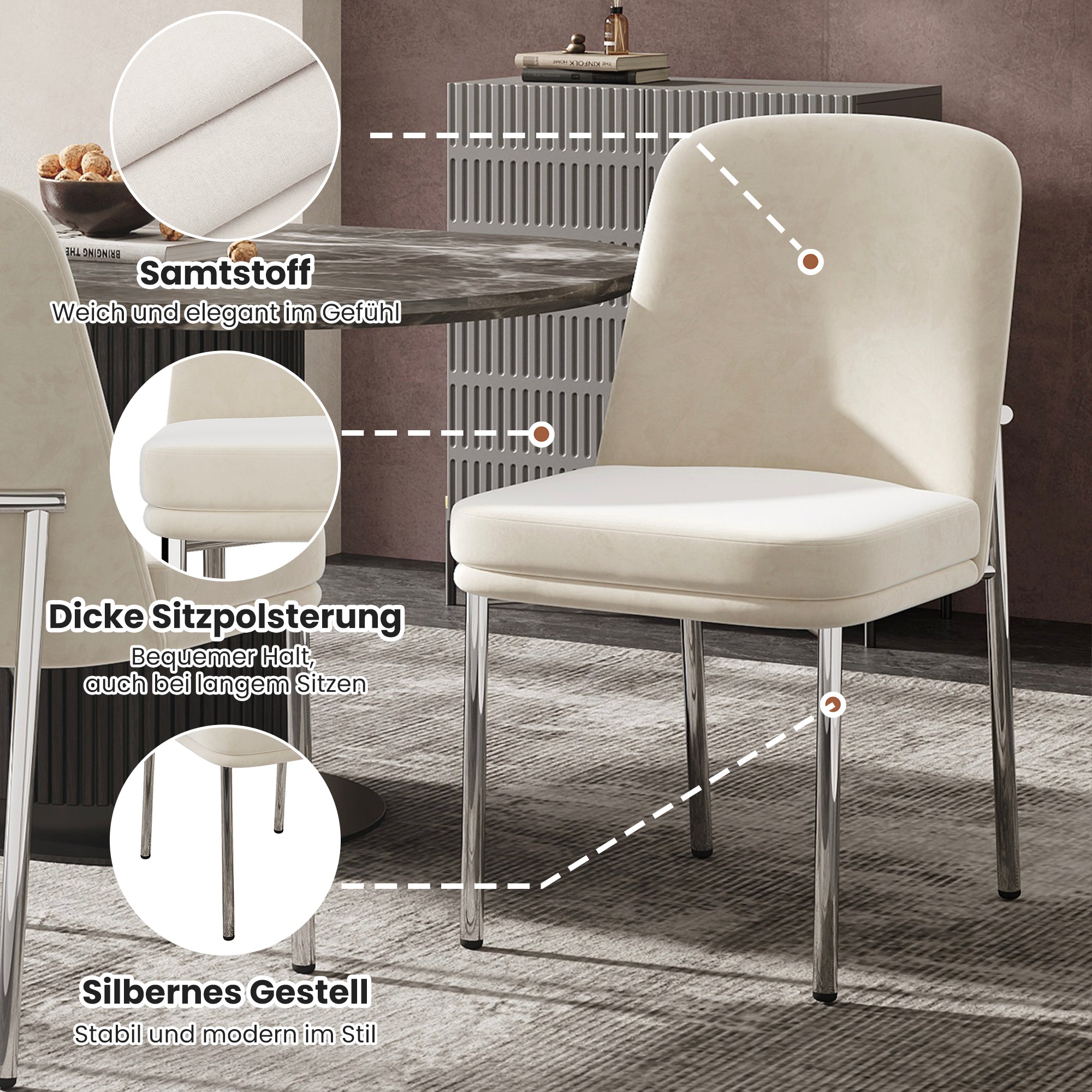 Dining Chairs Set of 6 Thickened Cushion Metal Legs Modern Style - Velvet Beige