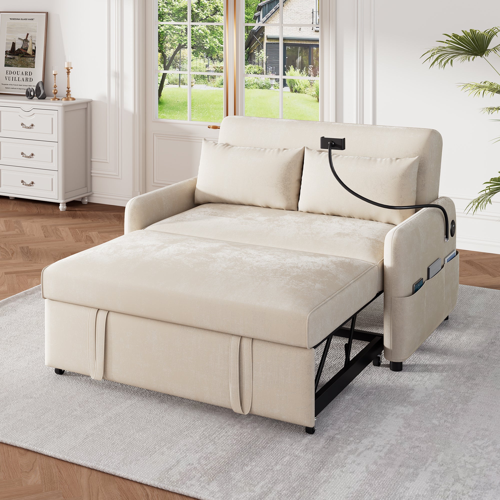 Sofa Bed, Modern Double Folding with Adjustable Backrest, USB Charging, Multifunctional