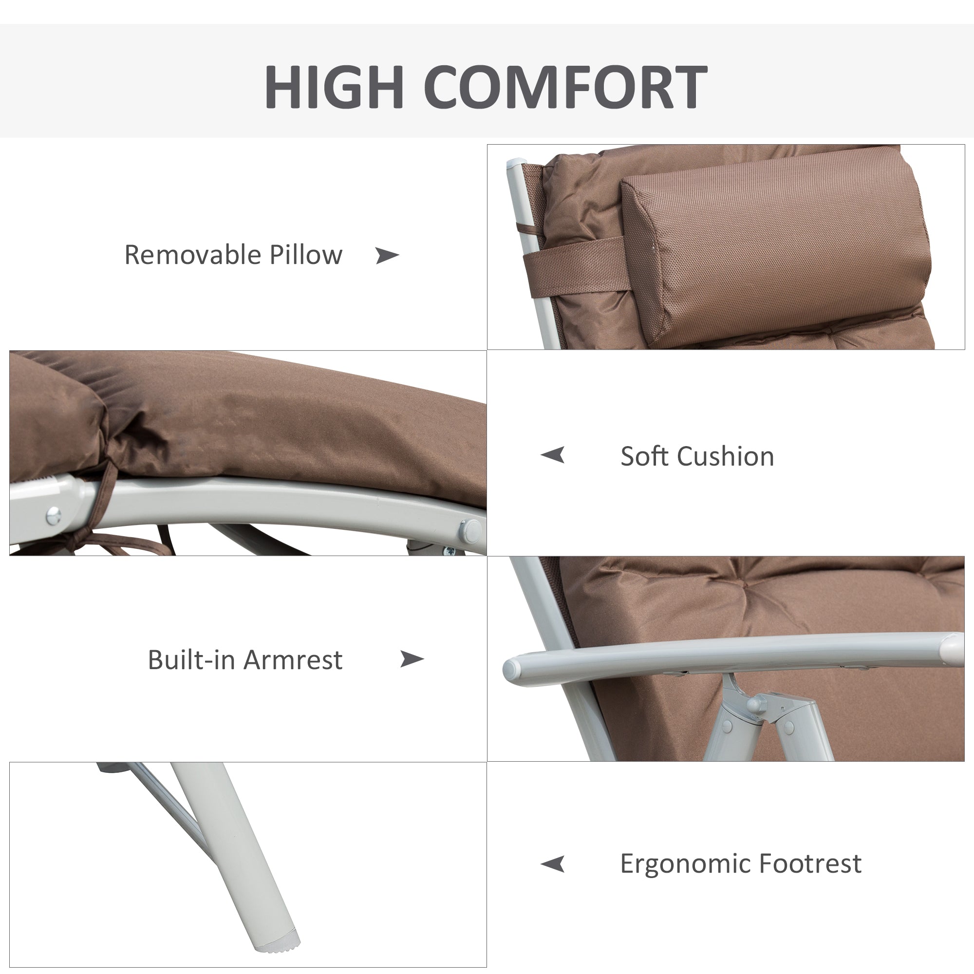 Sun Lounger Folding Chaise Recliner with Adjustable Backrest and Headrest, Brown Texteline