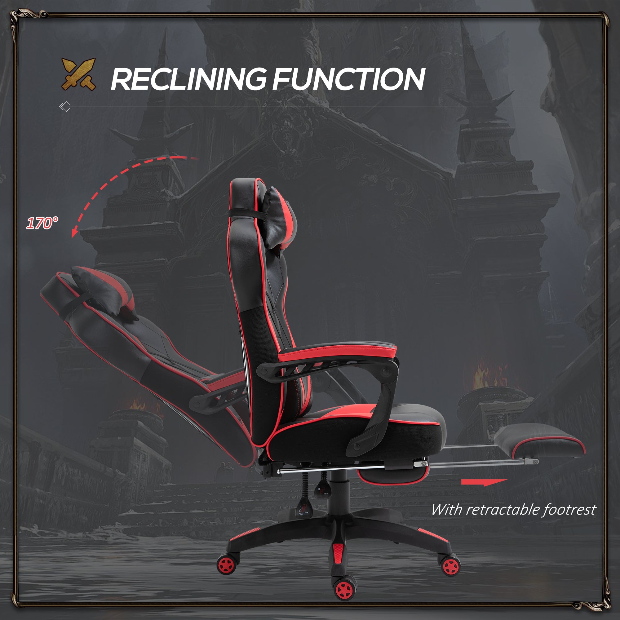 Computer Gaming Chair, Racing Desk Chair with Lumbar Support and Footrest, PU Leather, Red