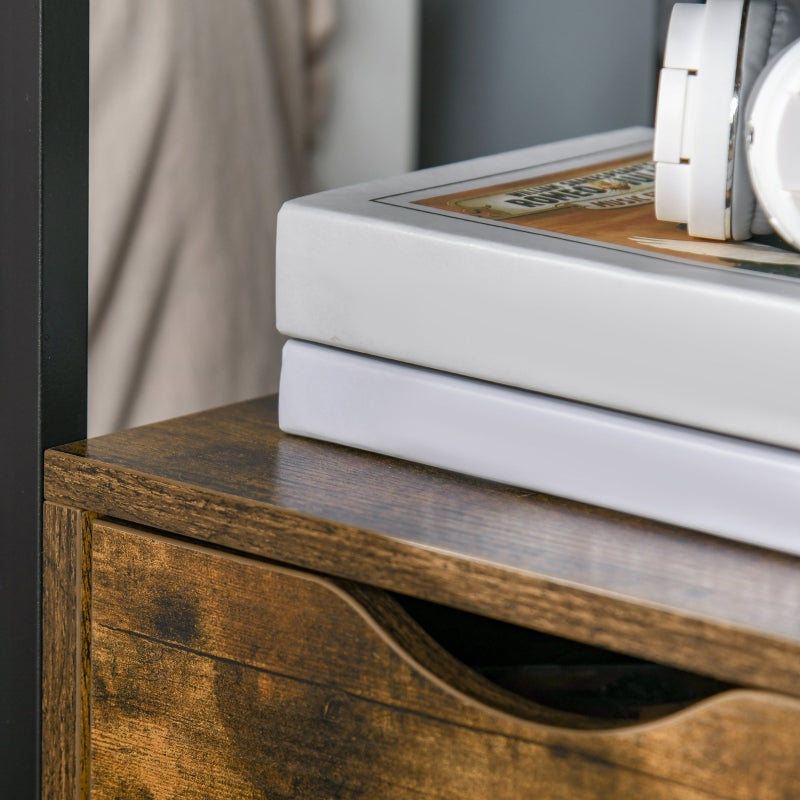 Industrial Side Table with Drawer and Storage Shelf, Slim Nightstand, Rustic Brown