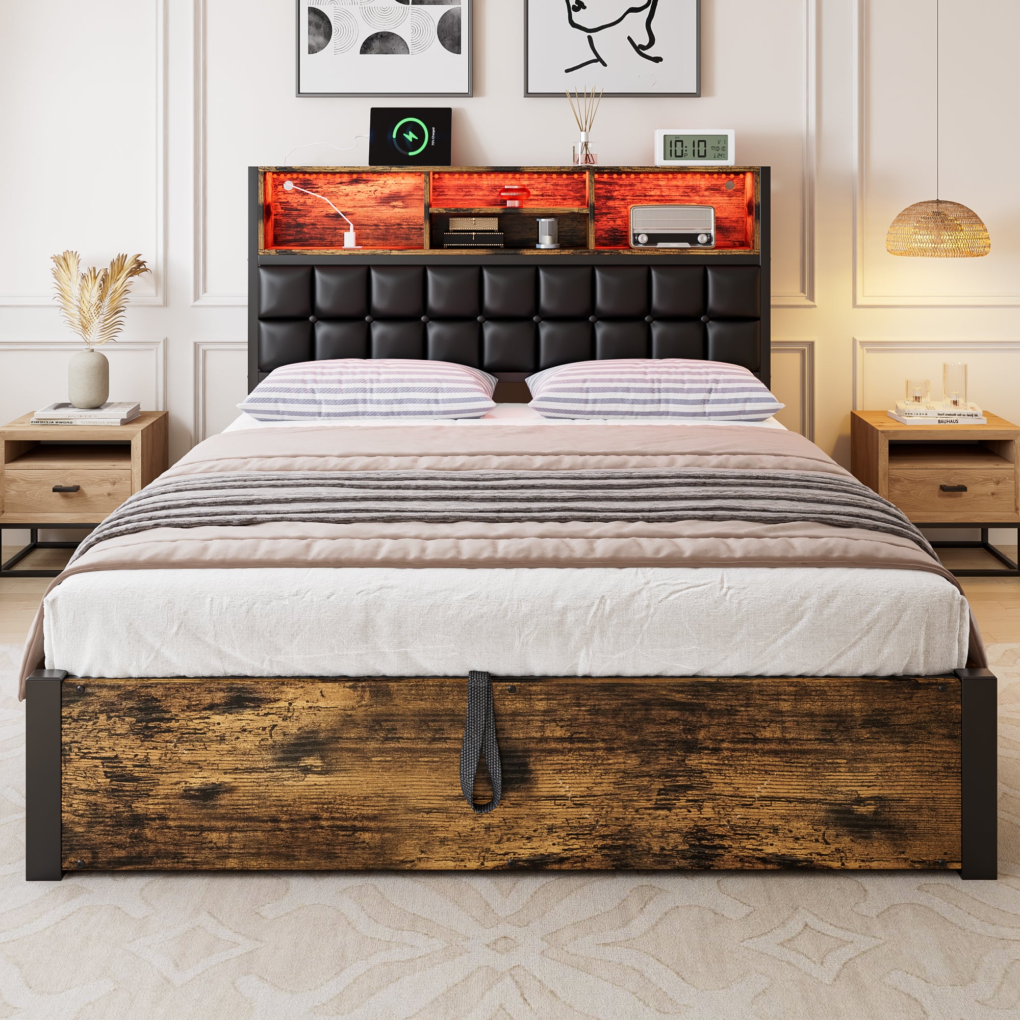 Hydraulic Bed with Charging Port, LED Light & Storage, 4ft6 Double, Black + Wood