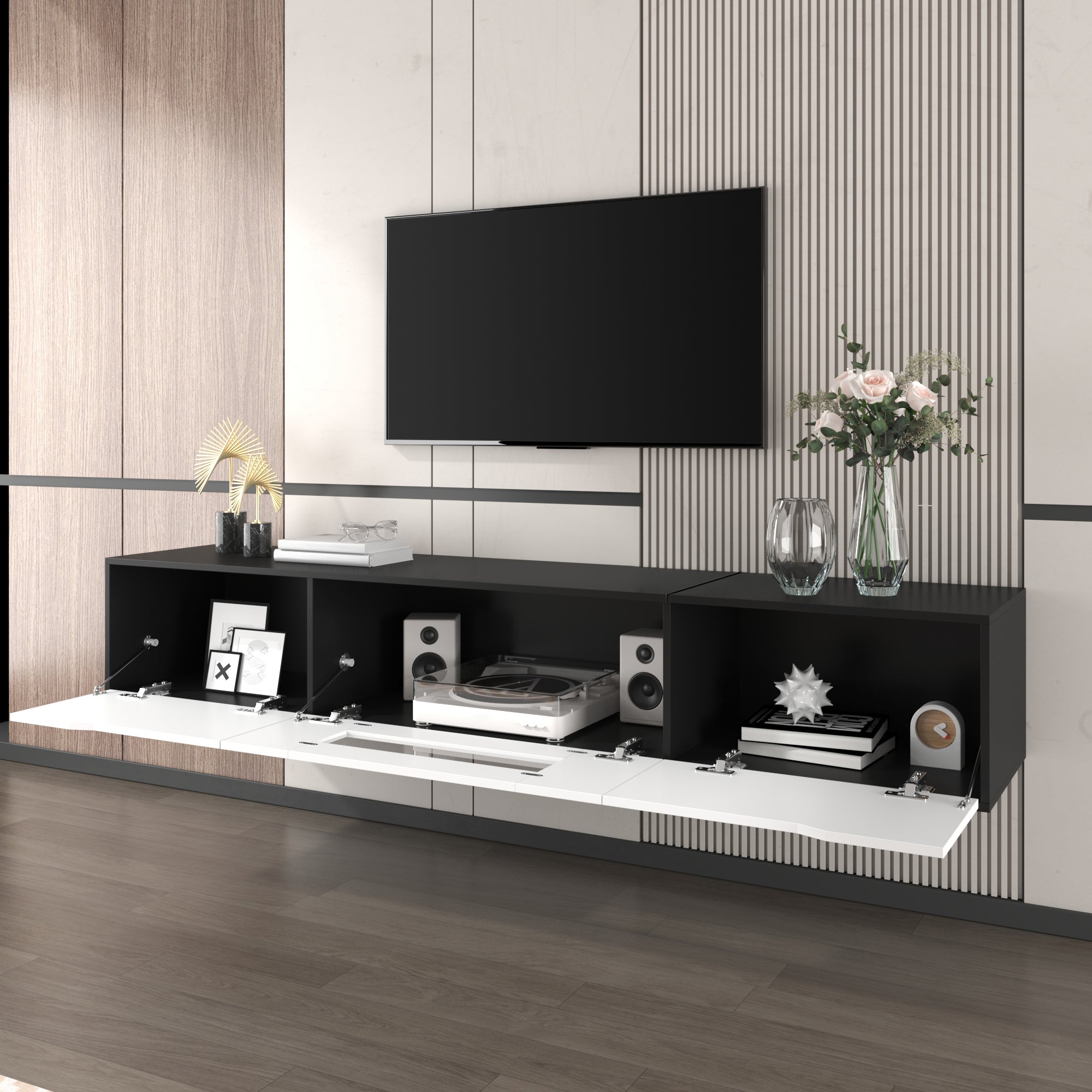 High-gloss TV Cabinet, 180cm LED USB Wall-Mounted Black & White