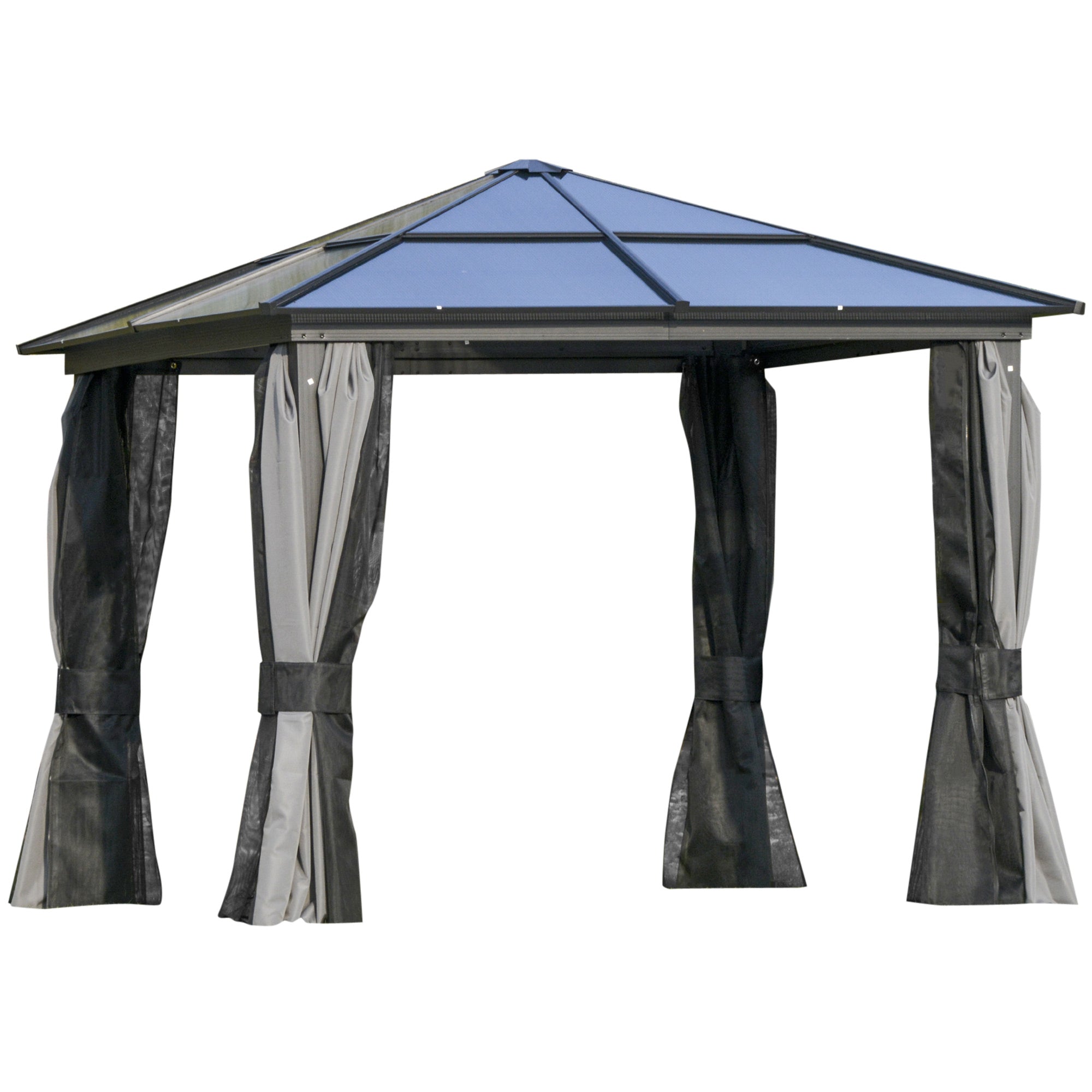 3 x 3m Hardtop Gazebo Canopy with Polycarbonate Roof & Netting/Curtains, Aluminium Frame, Dark Grey