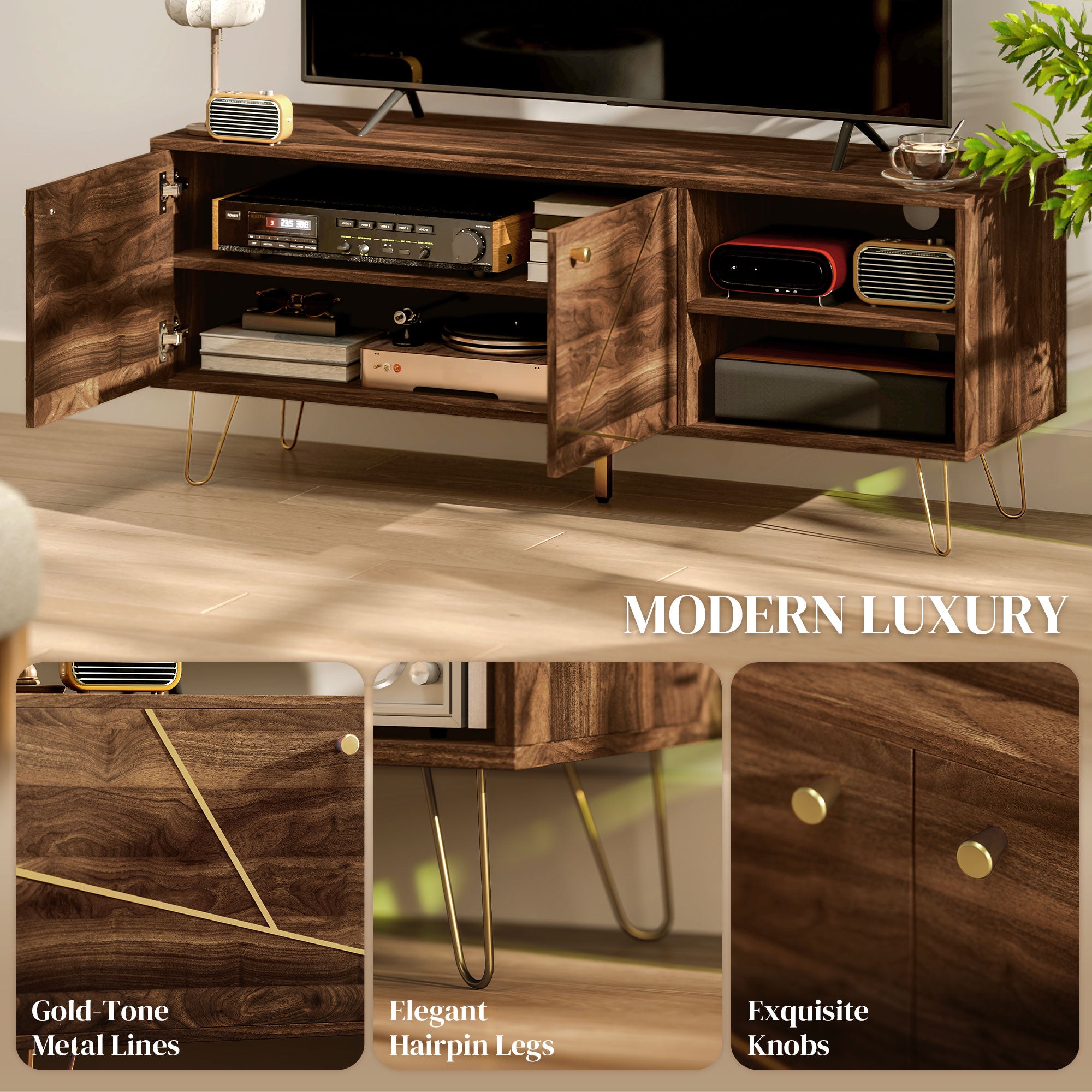 TV Stand Cabinet, Modern 130cm with Adjustable Shelves, Hairpin Legs, Double Door, Brown