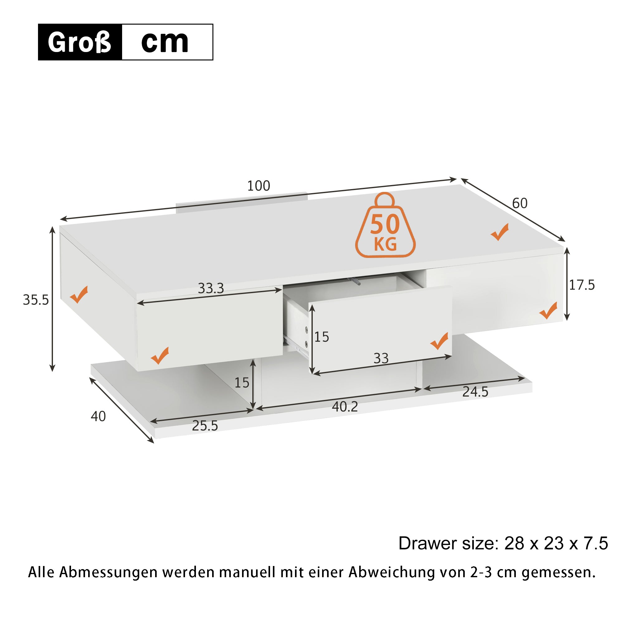 Tea Table, High Gloss Sofa Desk with 2 Drawers, 100cm White