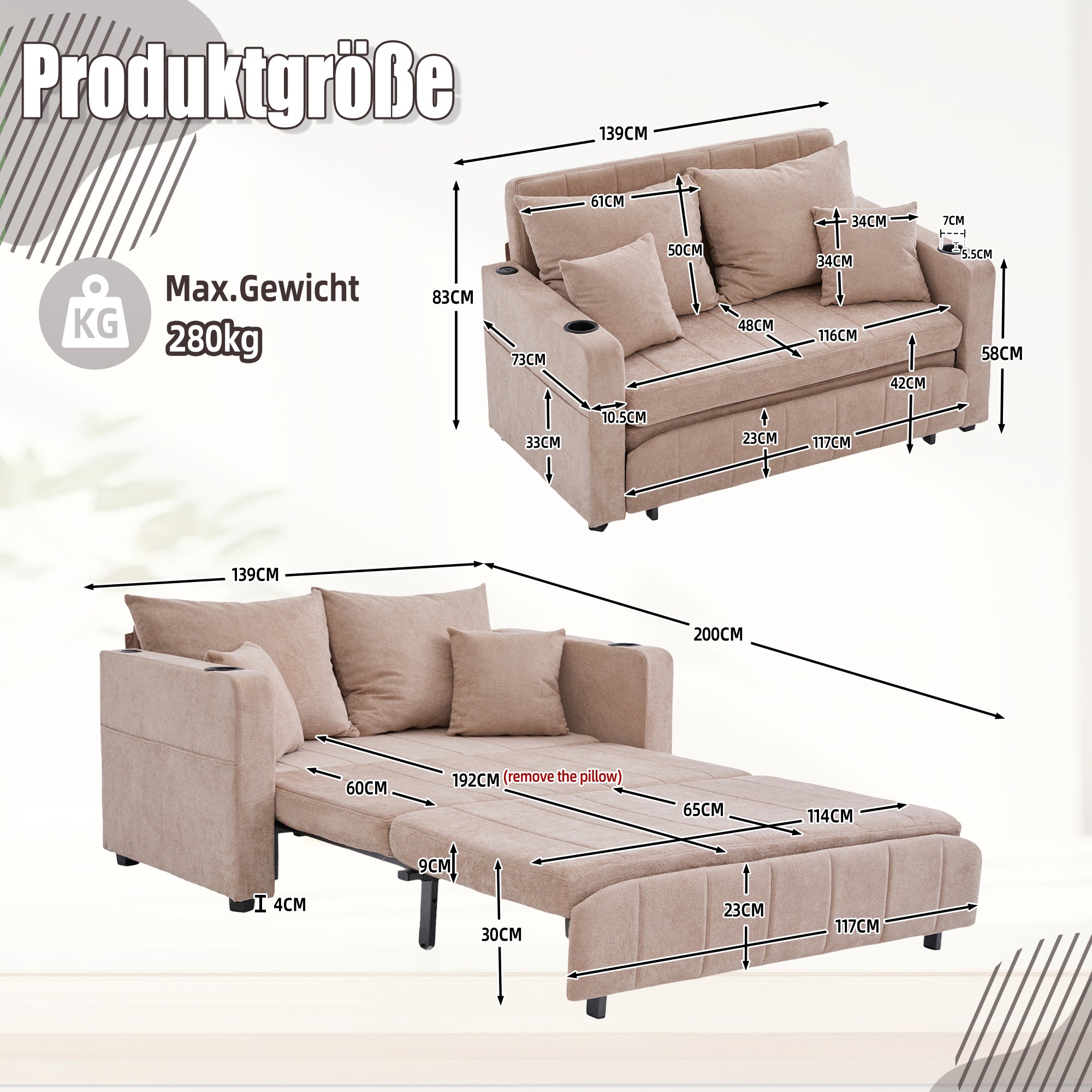 Multifunctional Sofa, Folding Pull-Out with Storage & USB, Fabric