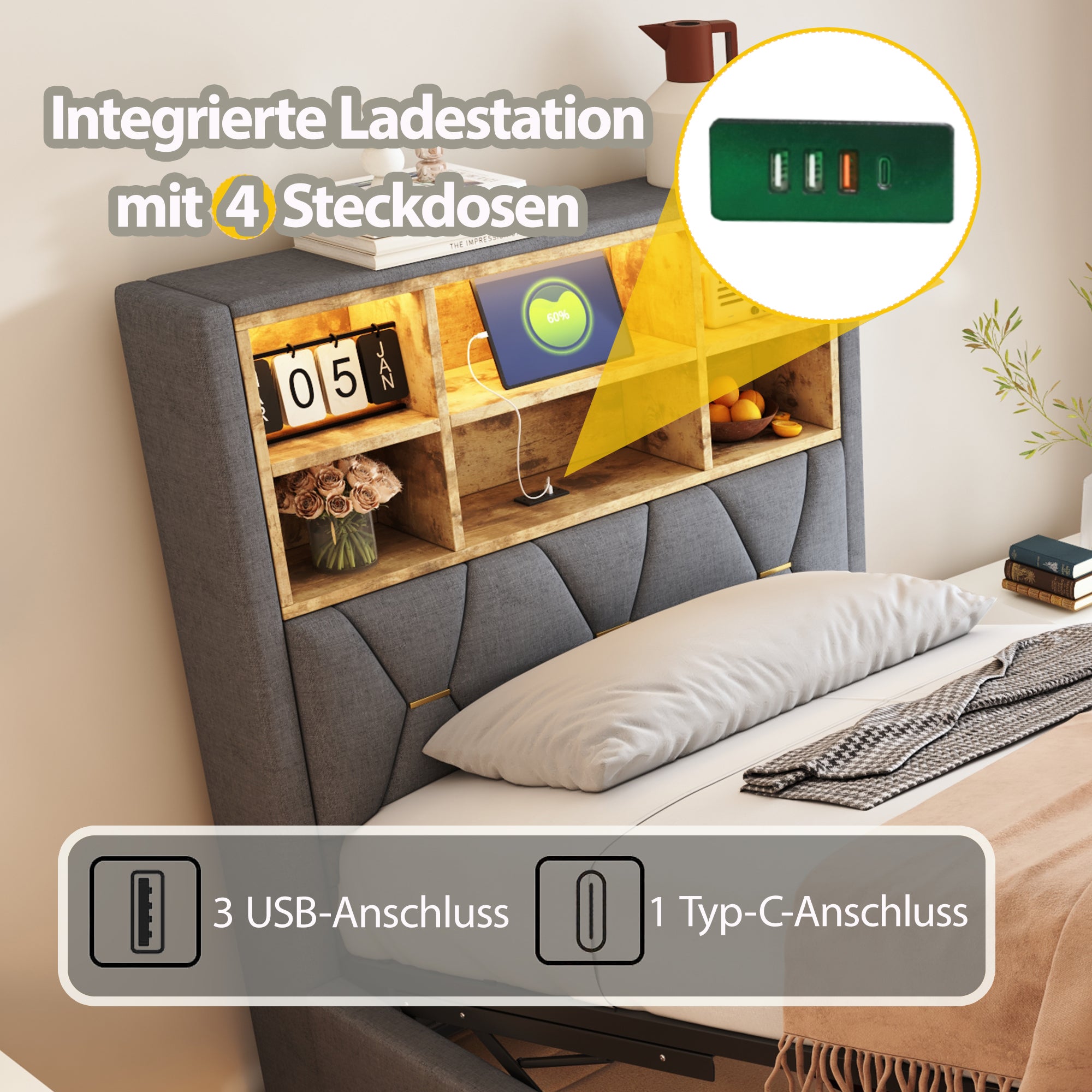 Children's Bed Hydraulic Storage LED USB Metal Frame, Grey Linen