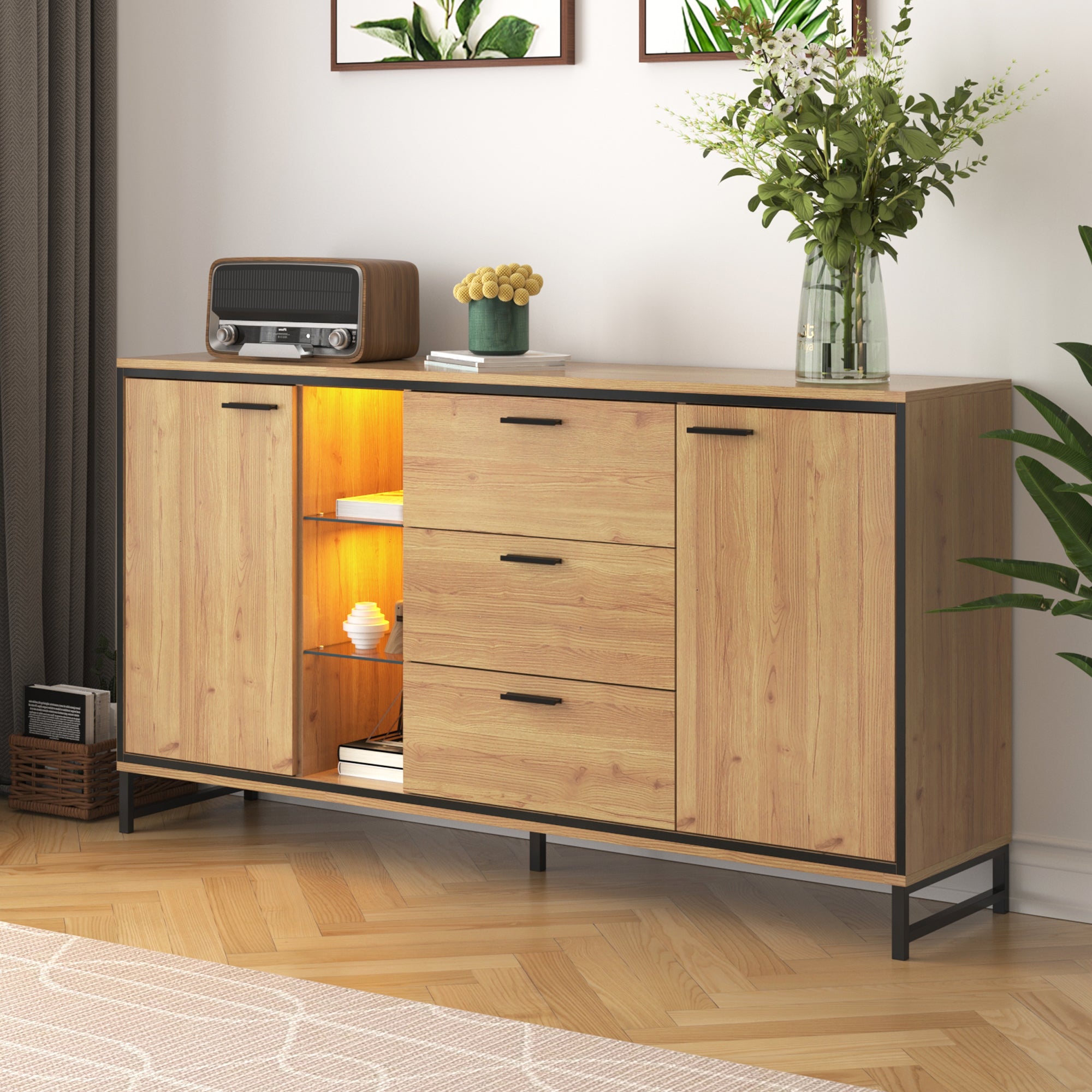 Sideboard with Three Drawers, Storage Compartments, Black and Wood Color
