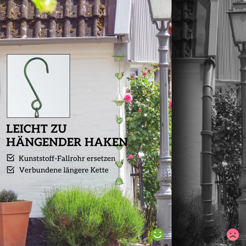 Rain Chains, Set of 3 with Hanger Bird Bell, Metal Green