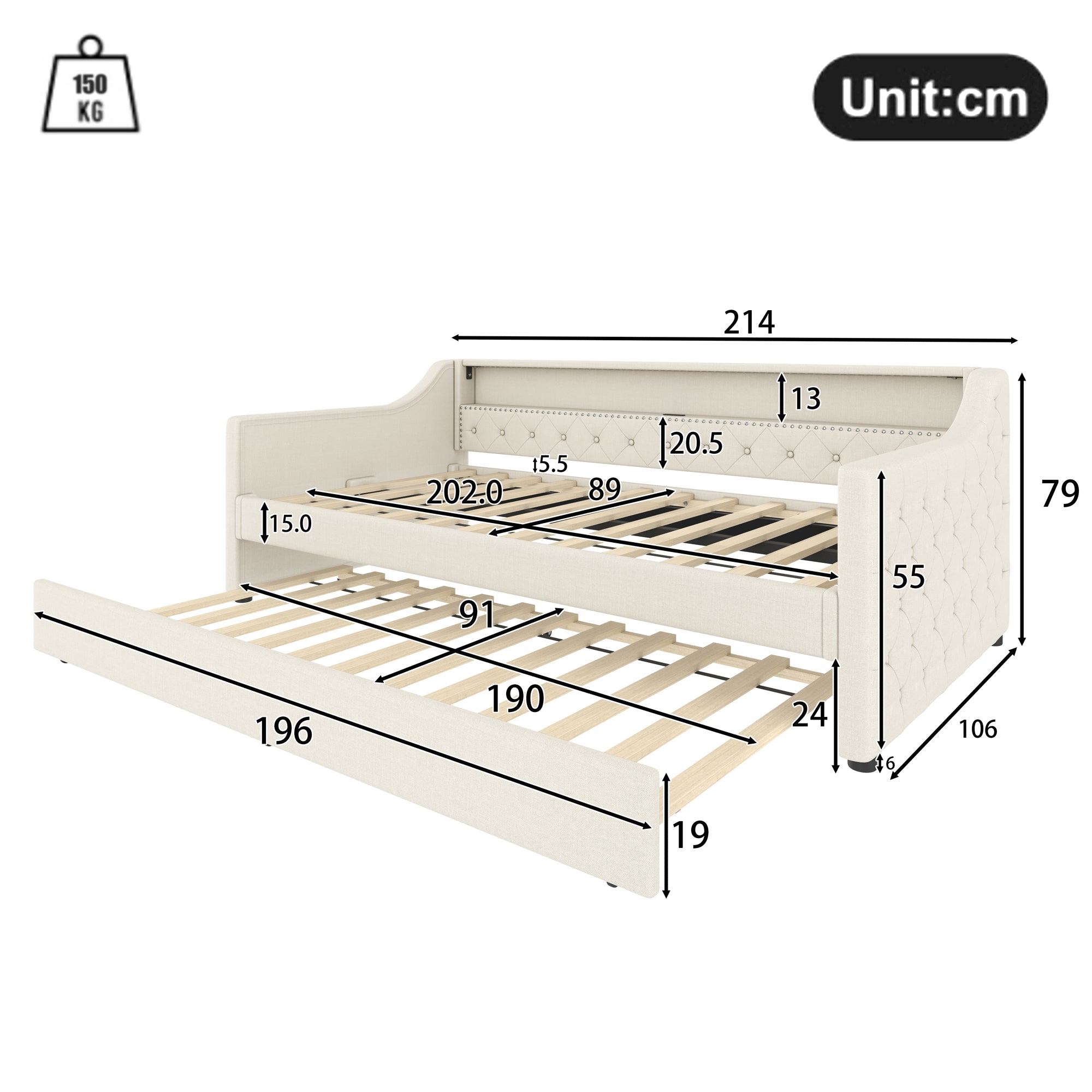 Daybed Sofa Bed 90x200cm Pull-out Bed LED Light USB Charging - Linen Beige