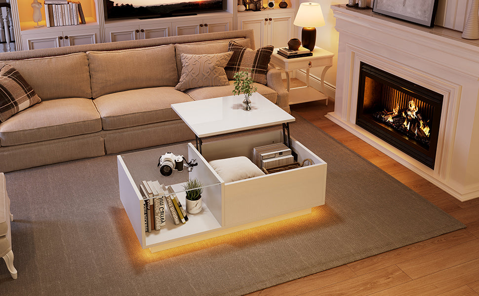 Lift Up Coffee Table Hidden Storage LED High Gloss, White MDF+Glass