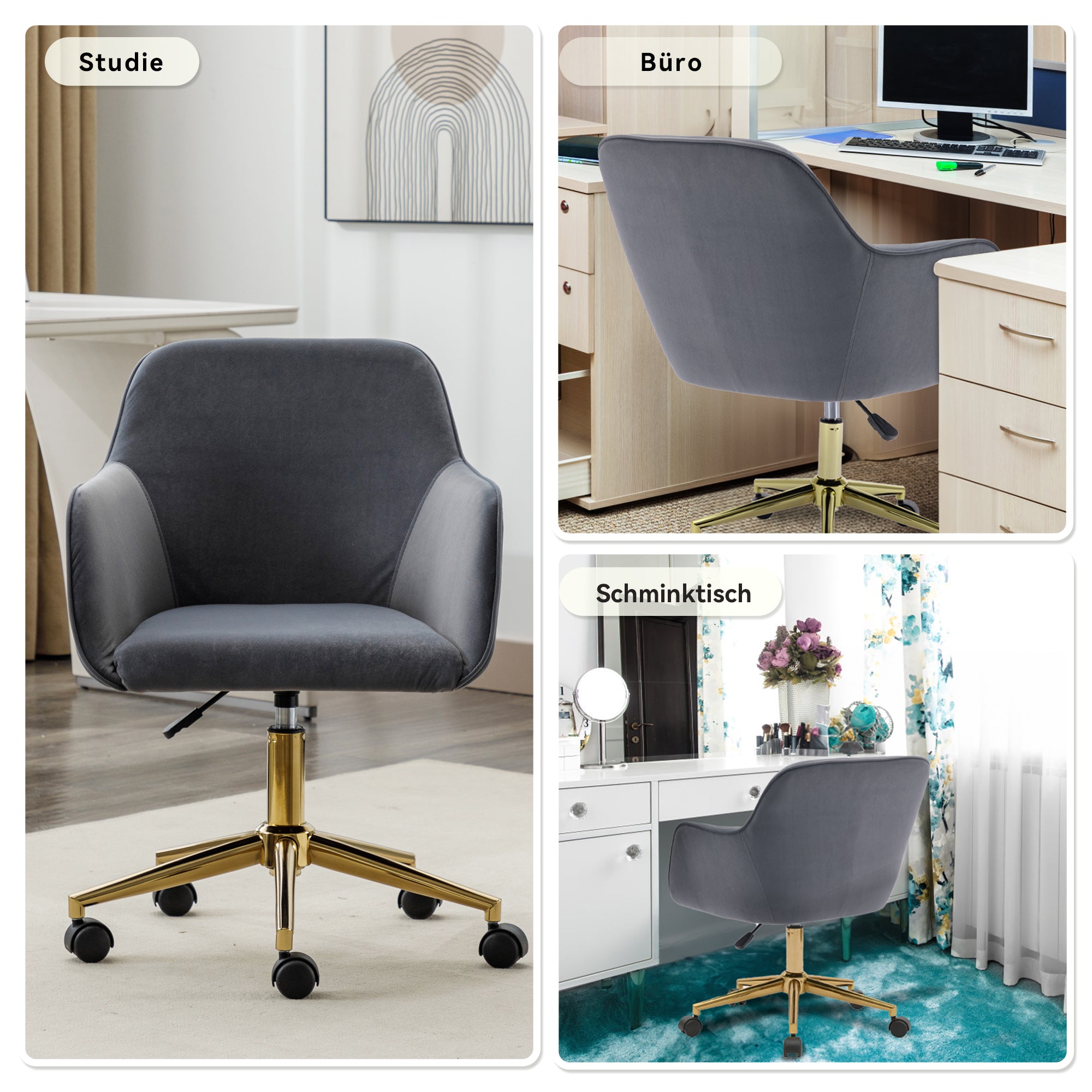 Velvet Swivel Chair, Height-Adjustable for Office Use, Grey with Golden Legs