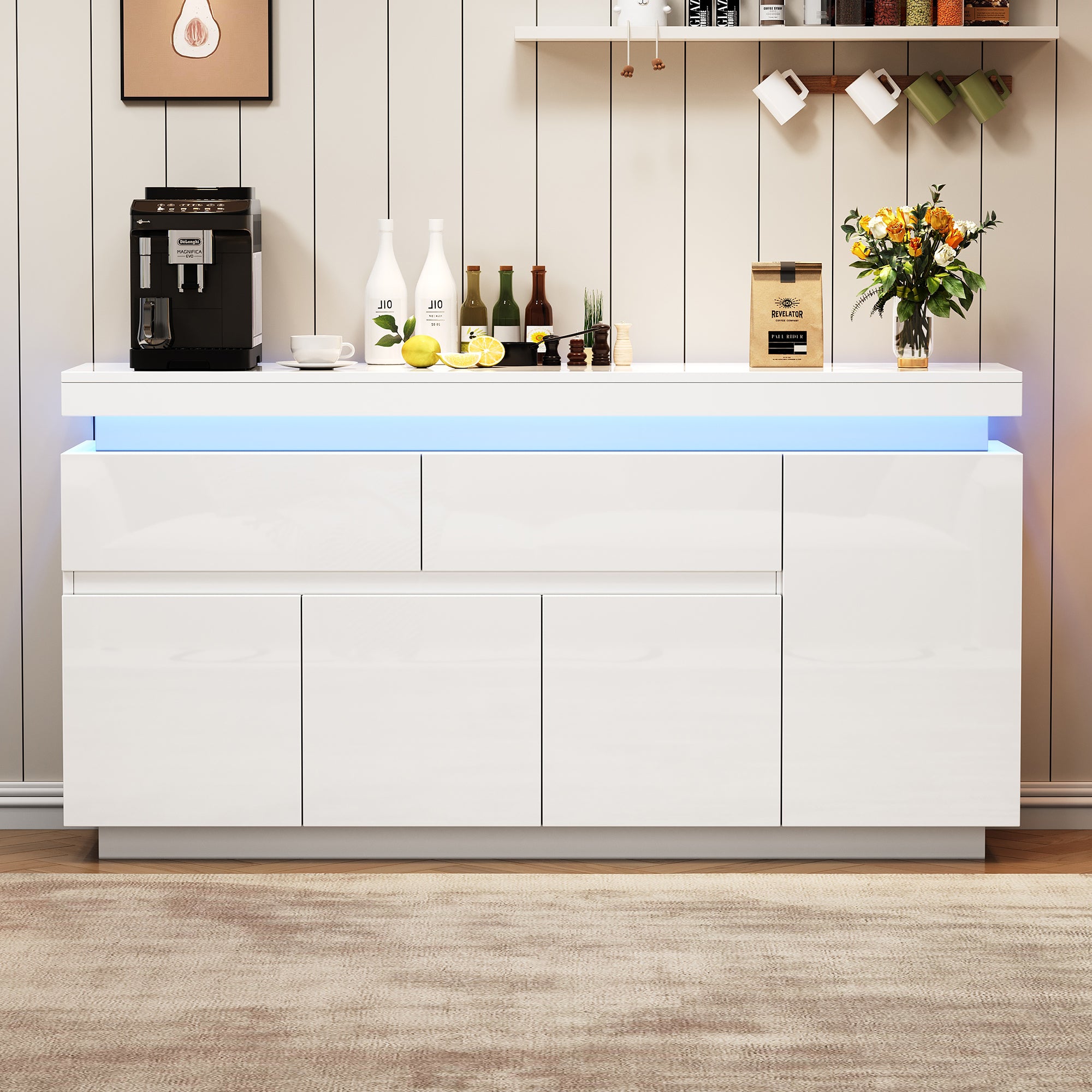 Living Room Cabinet/Sideboard, 2 Drawers, 4 Doors, LED, High-Gloss White