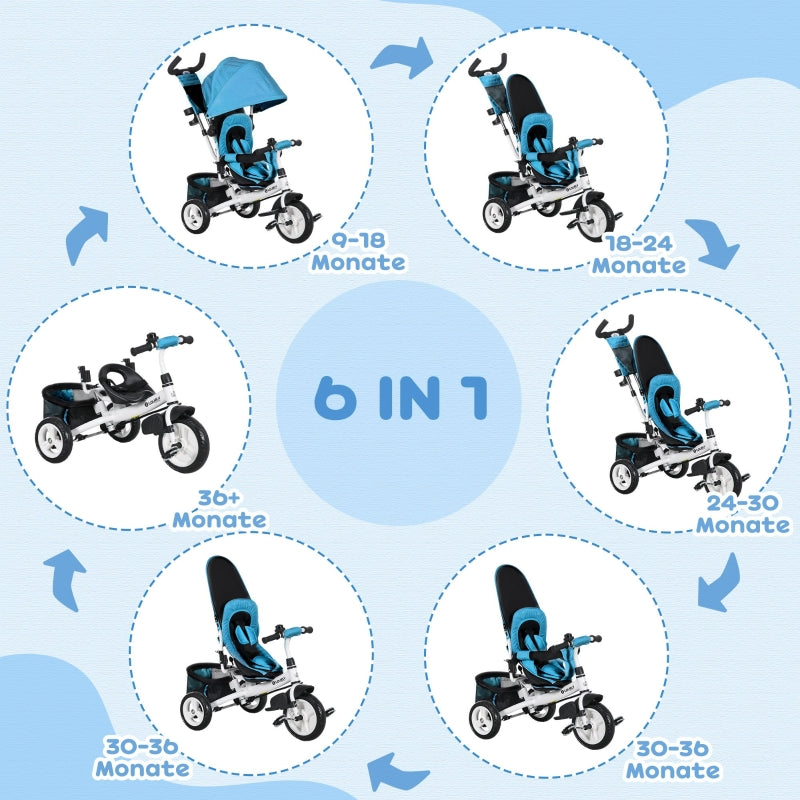 6-in-1 tricycle with push bar, removable sun canopy, 5-point safety harness, blue