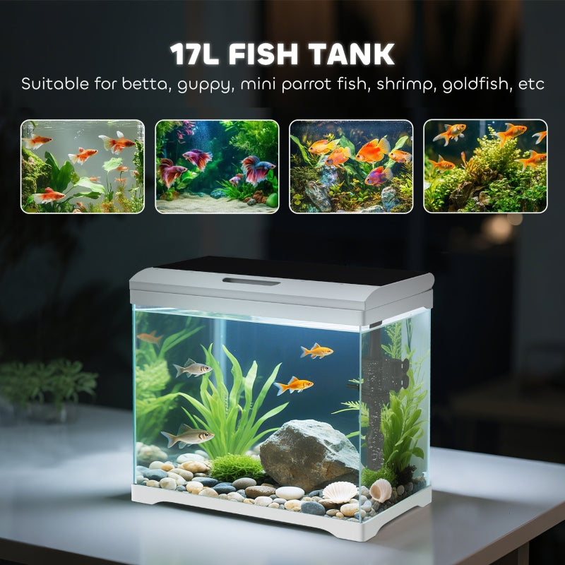 Glass Fish Tank 17L, Filter System, LED Light, Water Pump, White