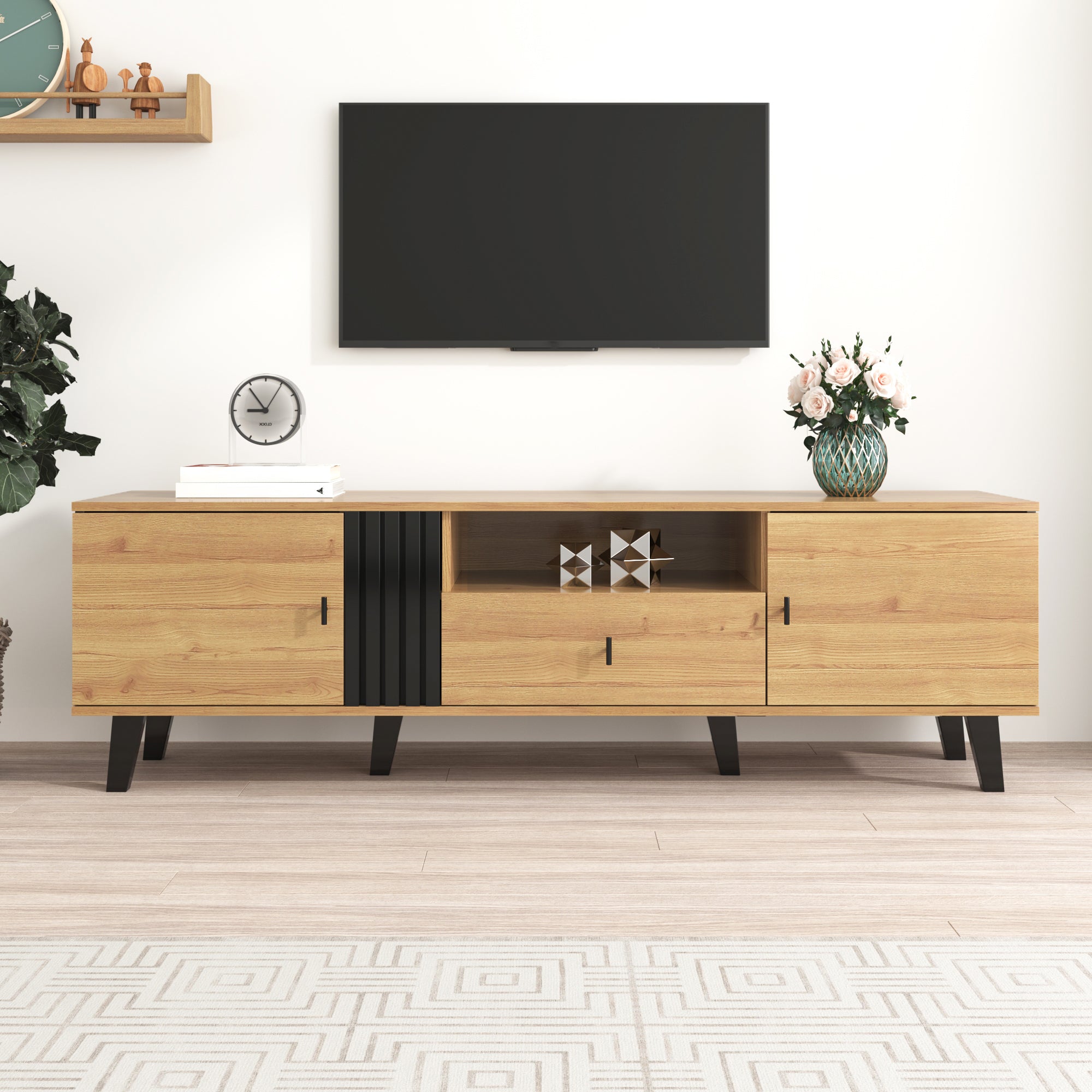 TV Cabinet, 170cm Lowboard with Drawers, Wood and Black