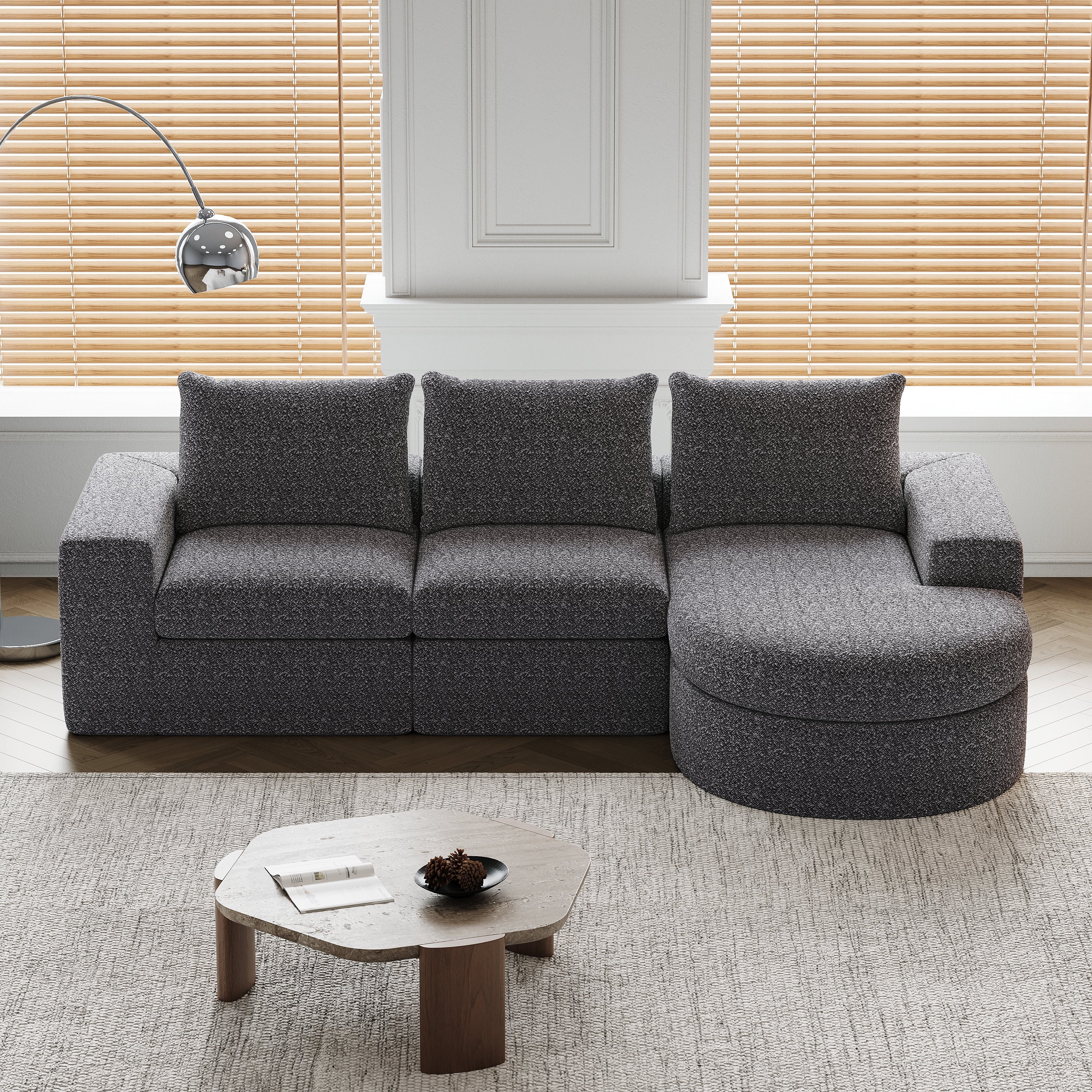 Chenille Sofa, Curved Modular L-Lounger, Foam Compressed
