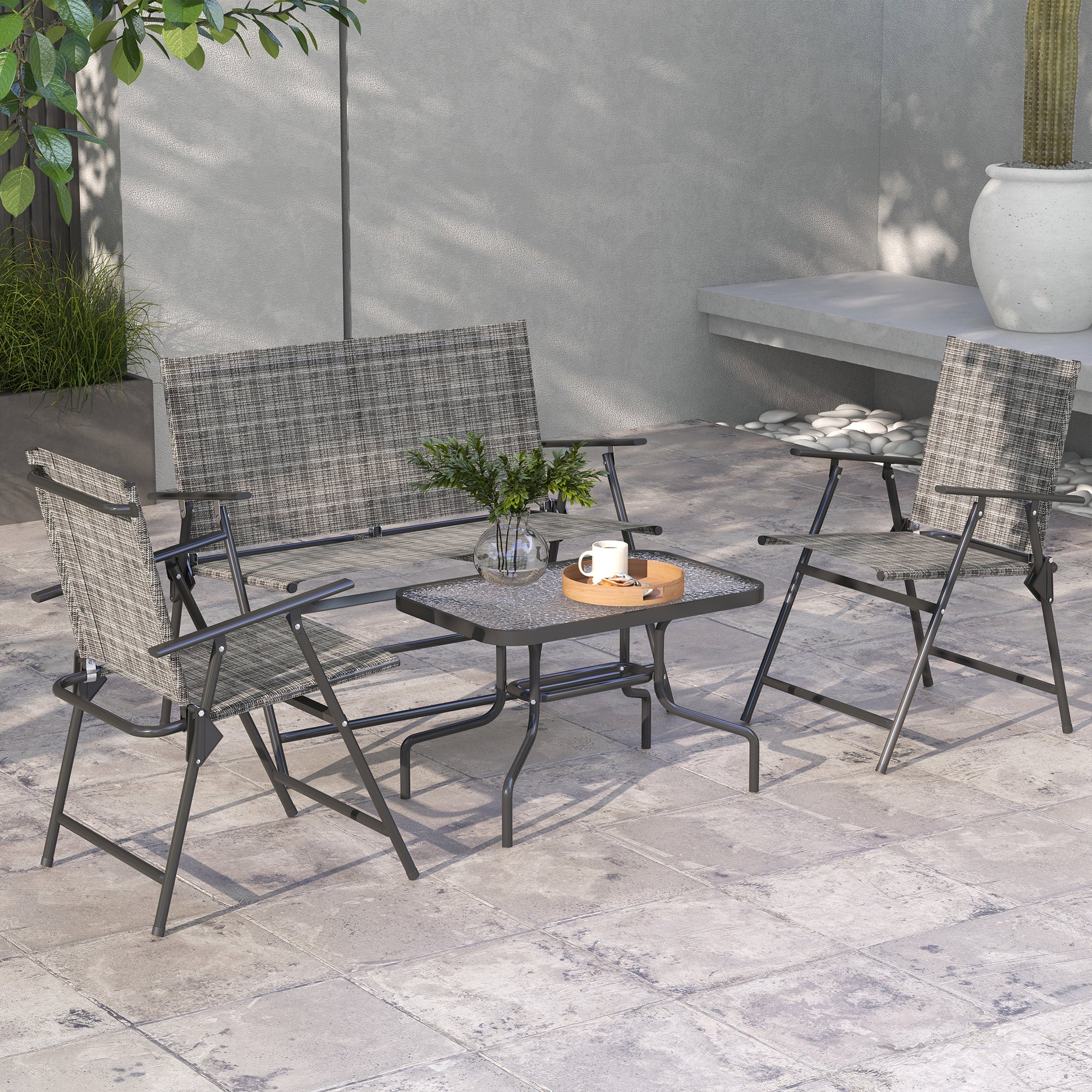 Four-Piece Garden Sofa Set with Metal Frame, Mixed Grey