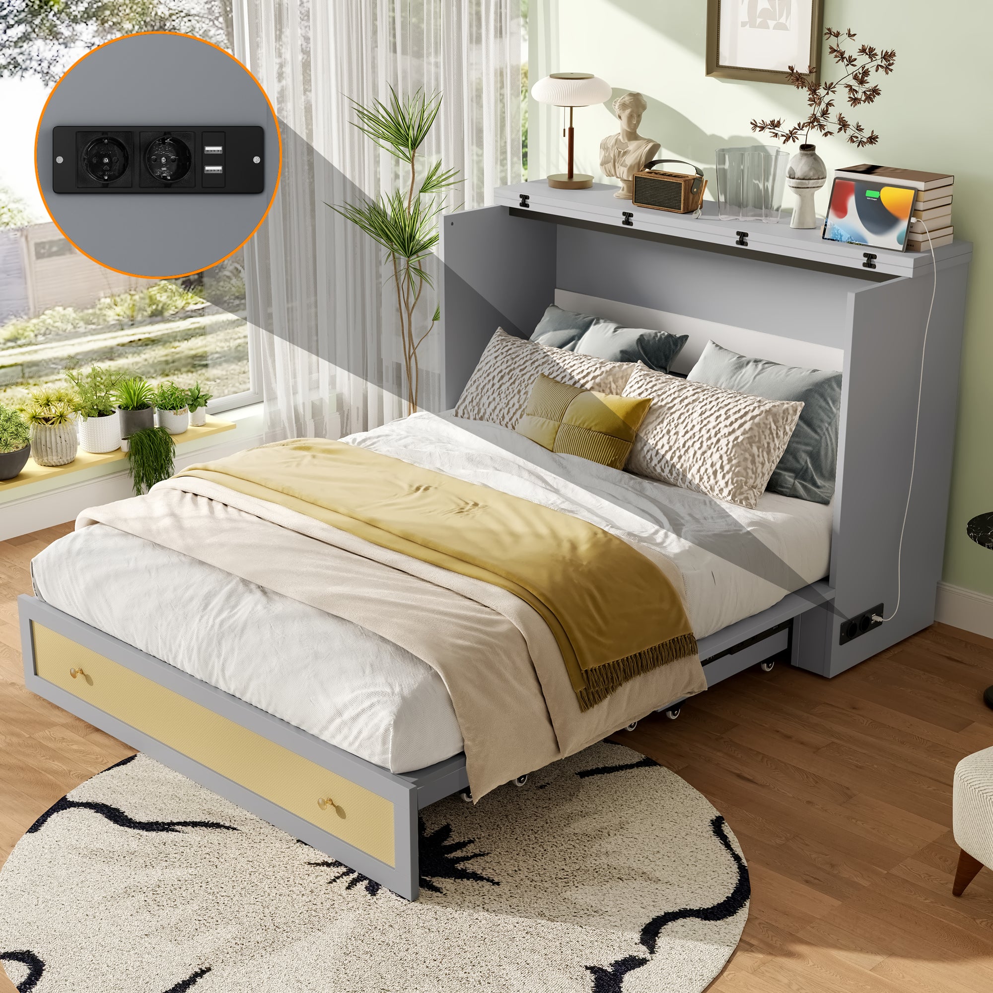 Wall Bed 140x200cm Mobile Convertible Storage Drawers Shelf USB/Power Outlet - Grey