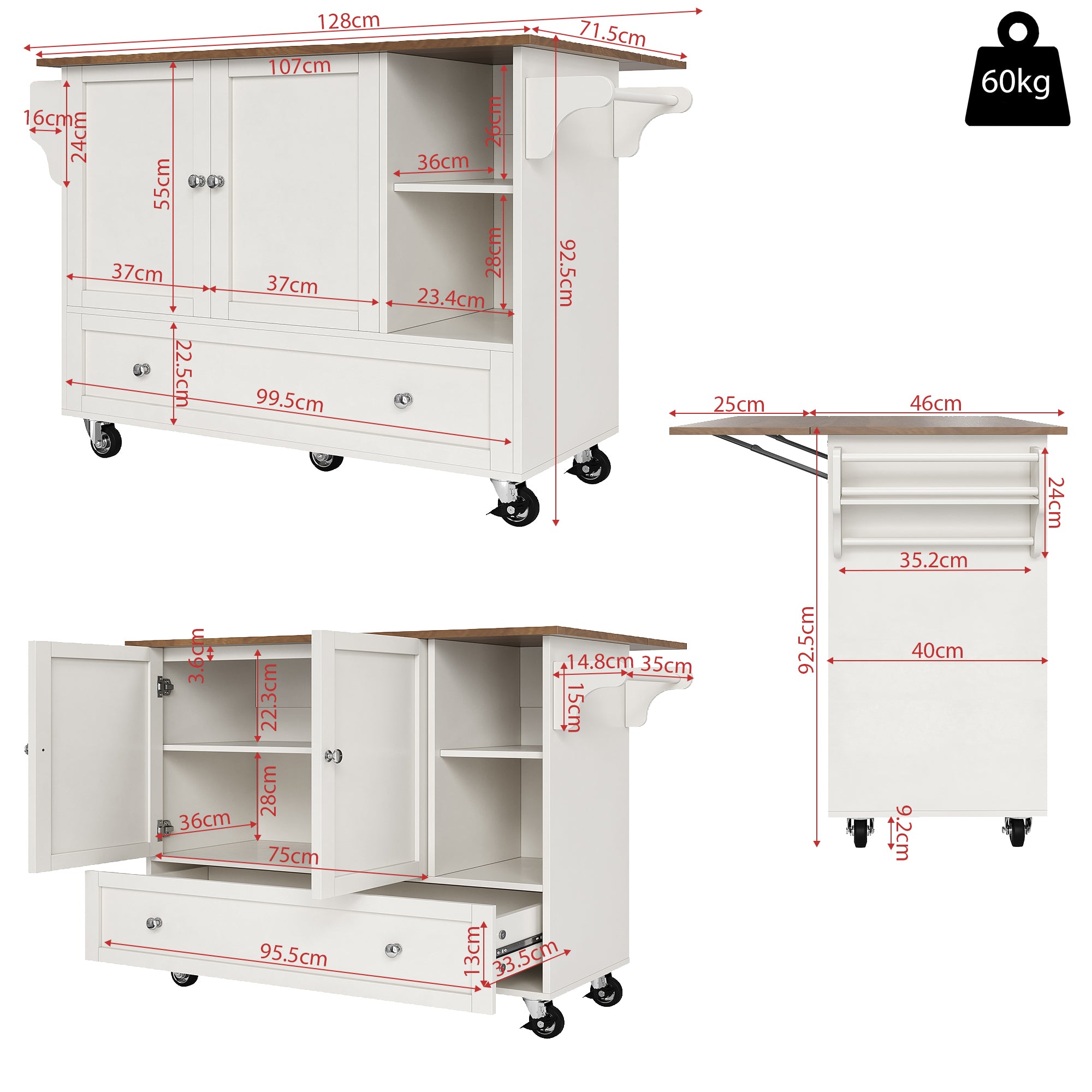 Kitchen Trolley, Removable Dining with Open Storage & Towel Rail, White Wood Grain