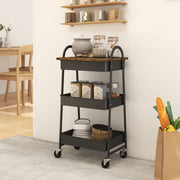 3-Tier Kitchen Storage Trolley with Wheels and Cover Top Board, Rustic Brown and Black