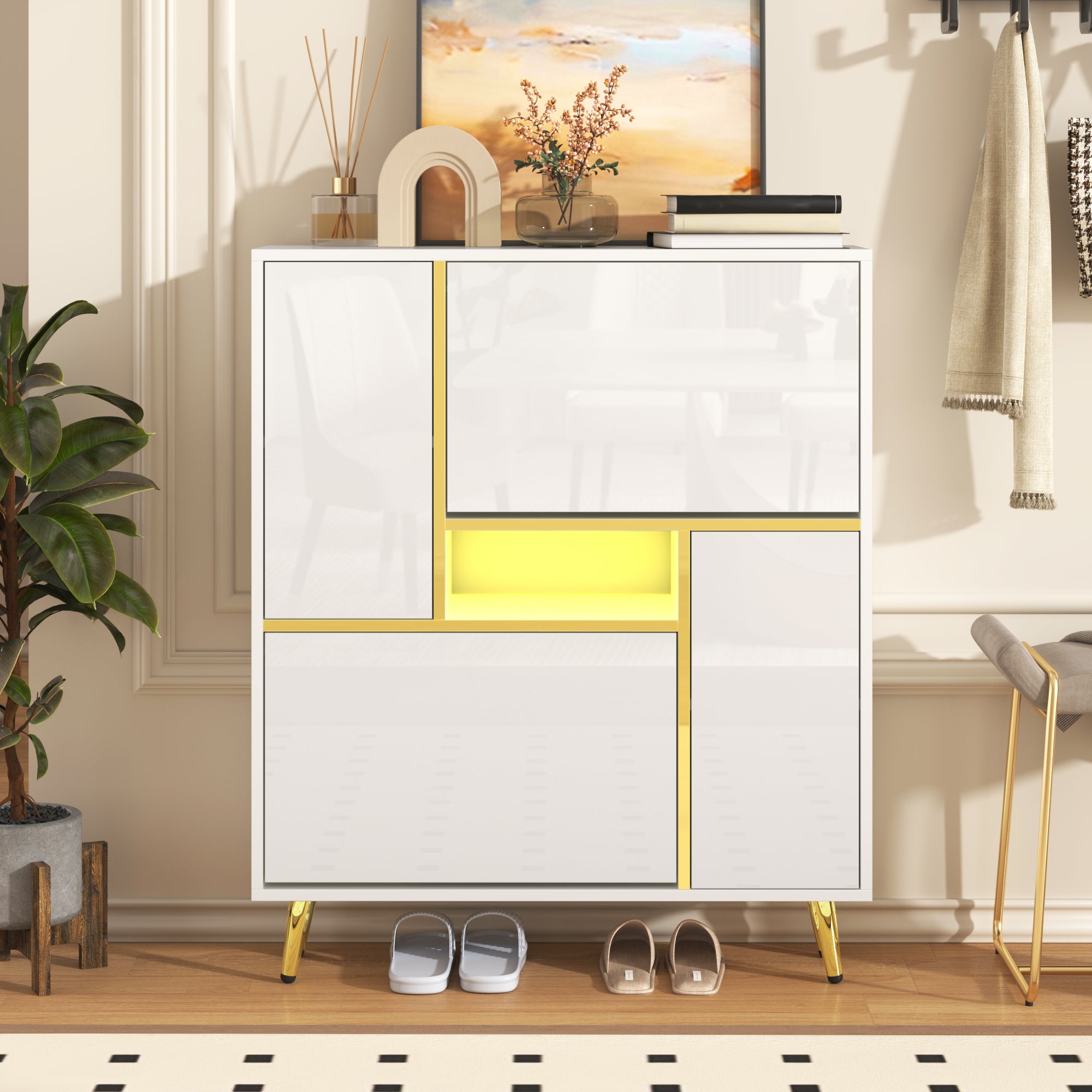 Modern Shoe Cabinet with 16-Color LED Light, White High-Gloss