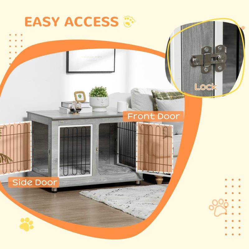 Dog Crate Furniture End Table, Washable Cushion Double Doors, Grey