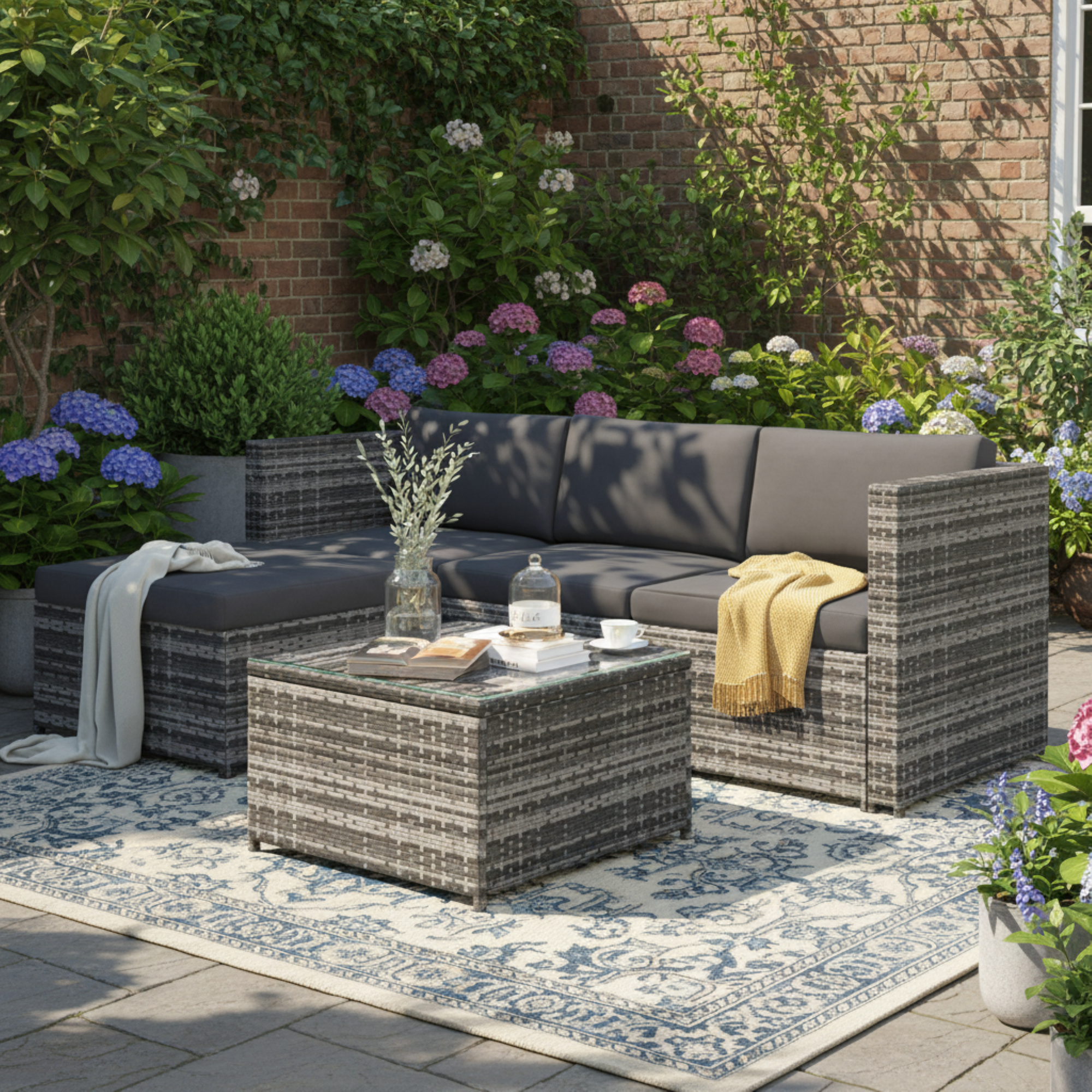 Lounge Sofa Set with Corner Sofa, Cushions and Glass Top Table, Grey Polyrattan