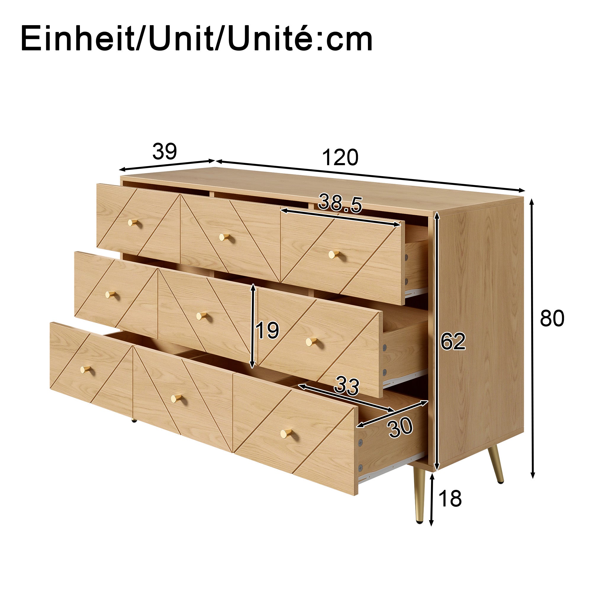 Modern 9-Drawer Chest, Iron Legs Geometric Pattern, PB Construction
