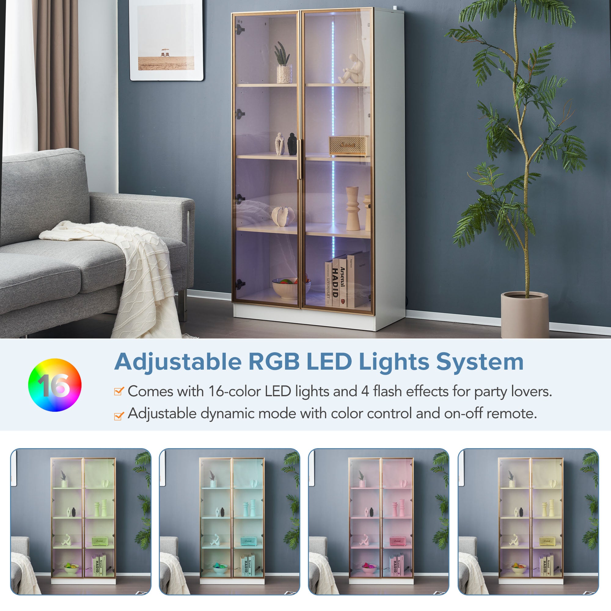 Glass Display Cabinet, Set of 2 with LED Lighting & Movable Shelves, White