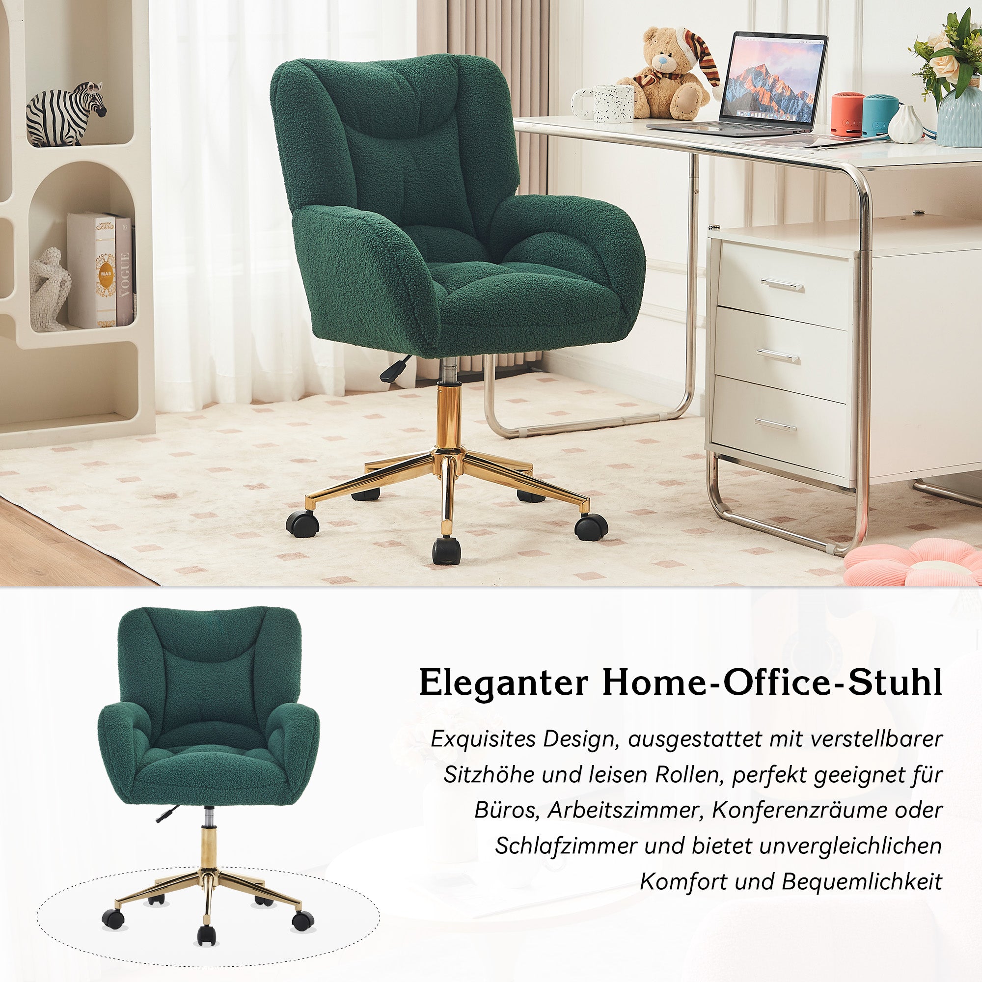 Swivel Chair Adjustable Height Gold Legs Teddy Fabric - Green