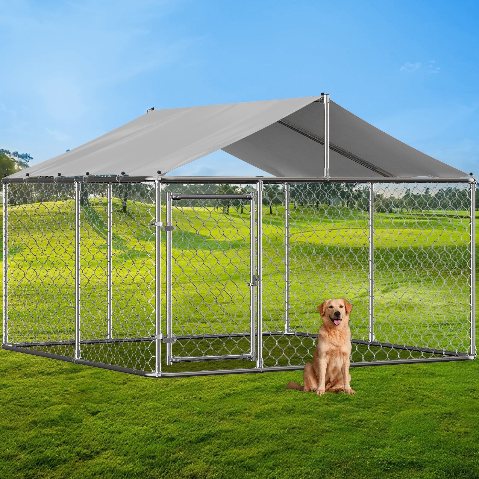 Outdoor Dog Kennel 230x230x117cm Heavy-Duty Roof Lockable Door - Galvanized Steel