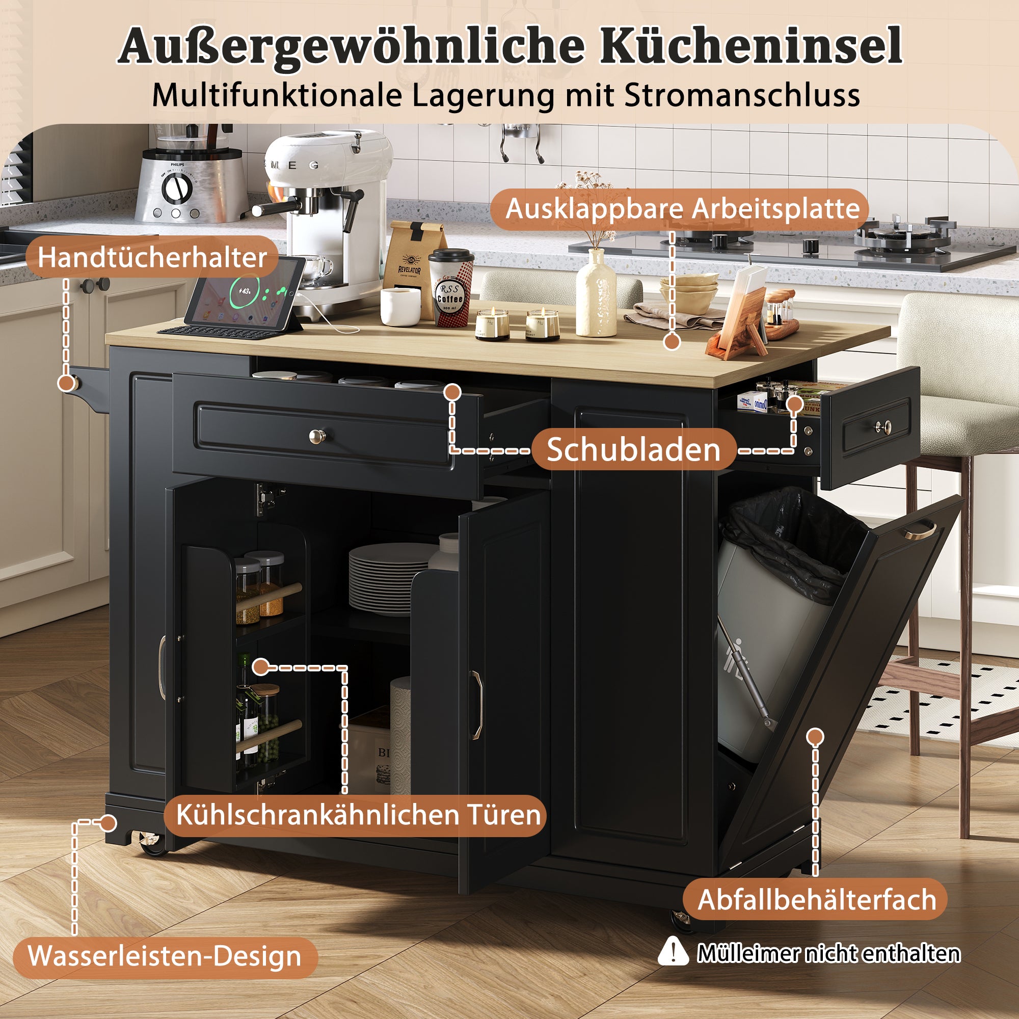 Mobile Kitchen Island Extendable Dining Area Drawers Waste Bin - Black