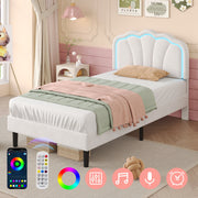 3ft Single Upholstered Bed with LED Adjustable Shell Shape Headboard, Cream White Velvet