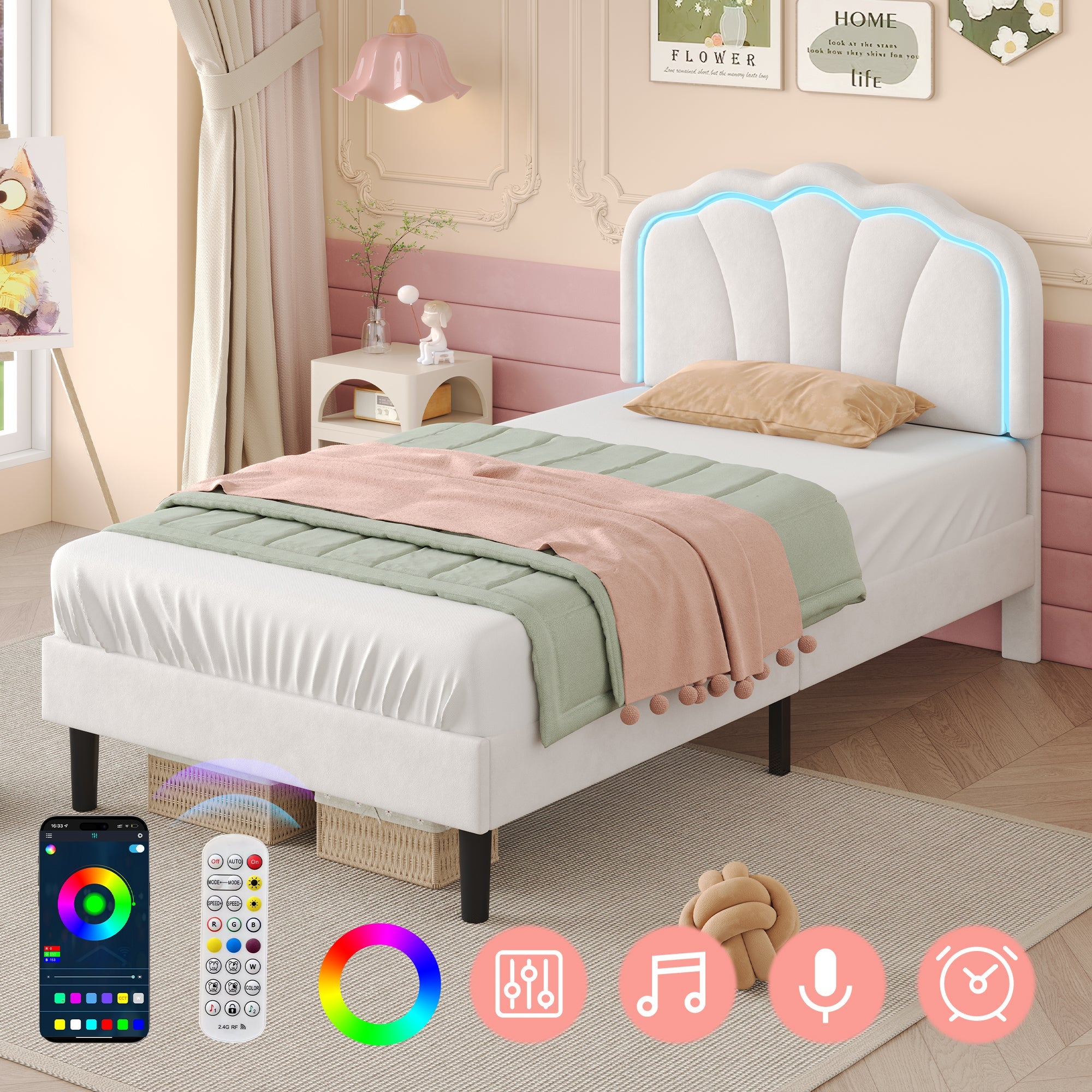 3ft Single Upholstered Bed with LED Adjustable Shell Shape Headboard, Cream White Velvet