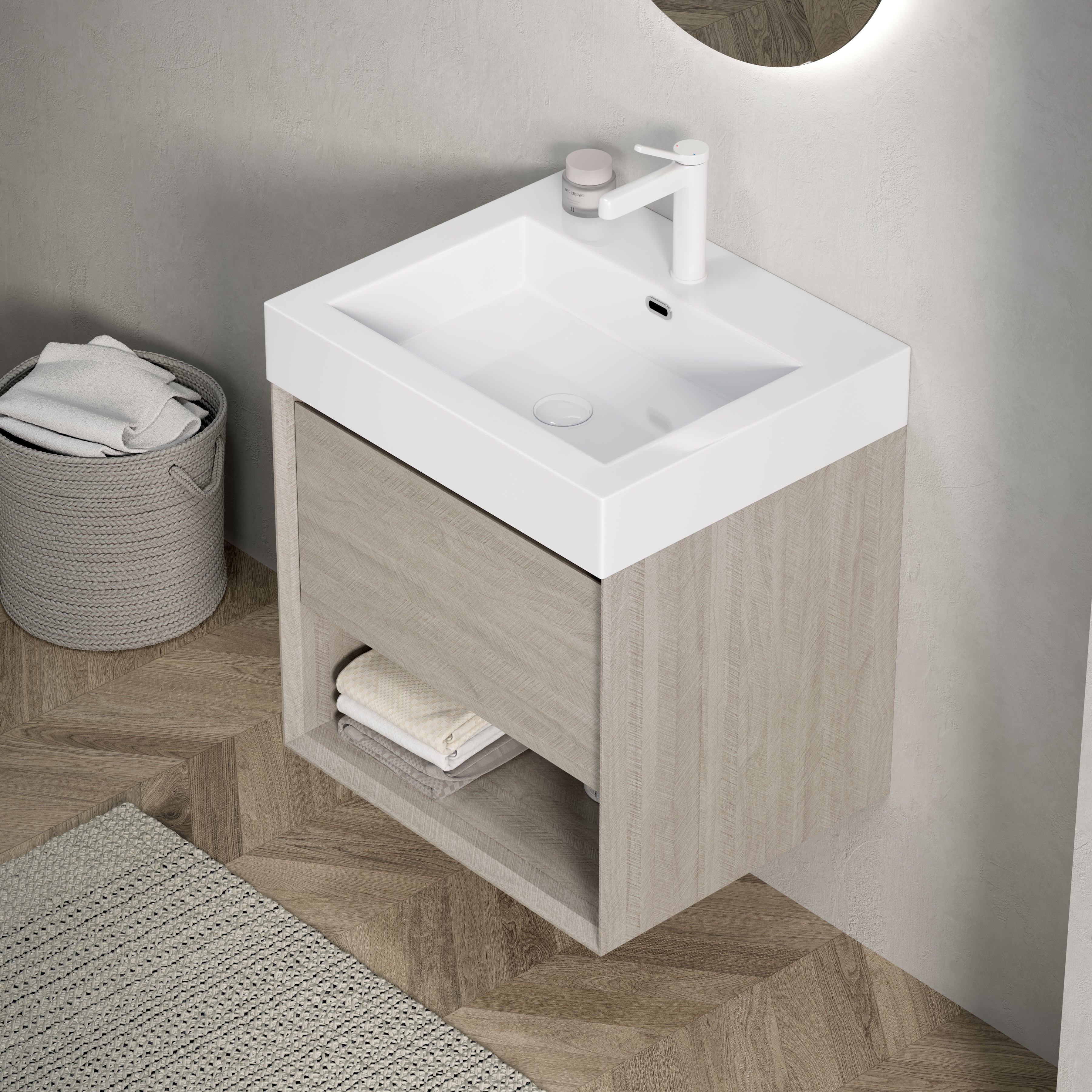 Wall-Mounted Bathroom Vanity Unit with Resin Basin and Storage, Light Oak Wood Grain Plywood