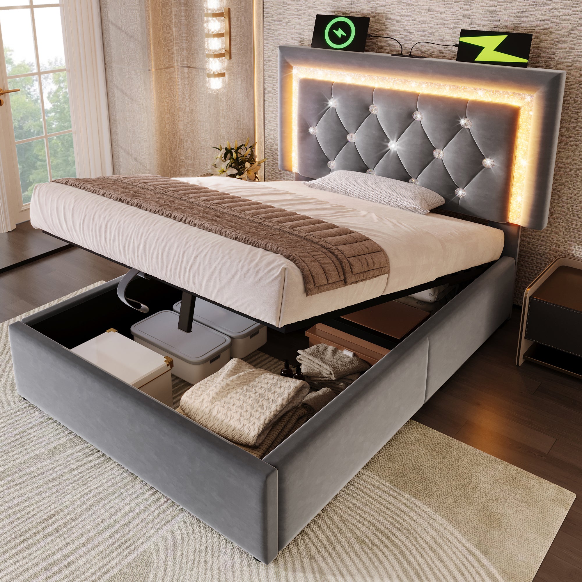 Upholstered Single Bed 90x200cm Hydraulic Storage LED USB Velvet Grey