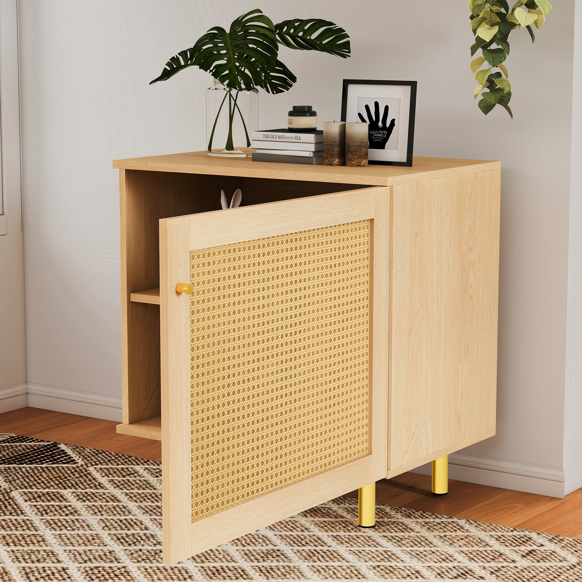 Wicker Nightstand Single Door Rustic Natural Wood Look