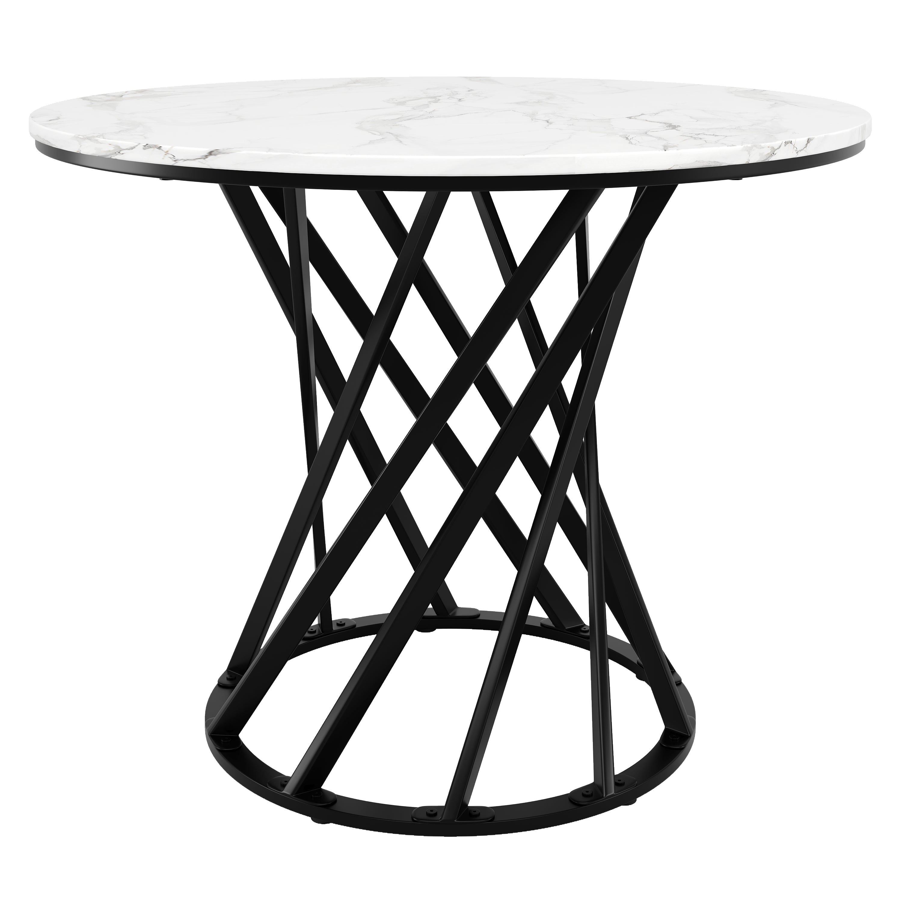 Round Dining Table 80cm for 4 Marbled MDF Top Black Metal Legs