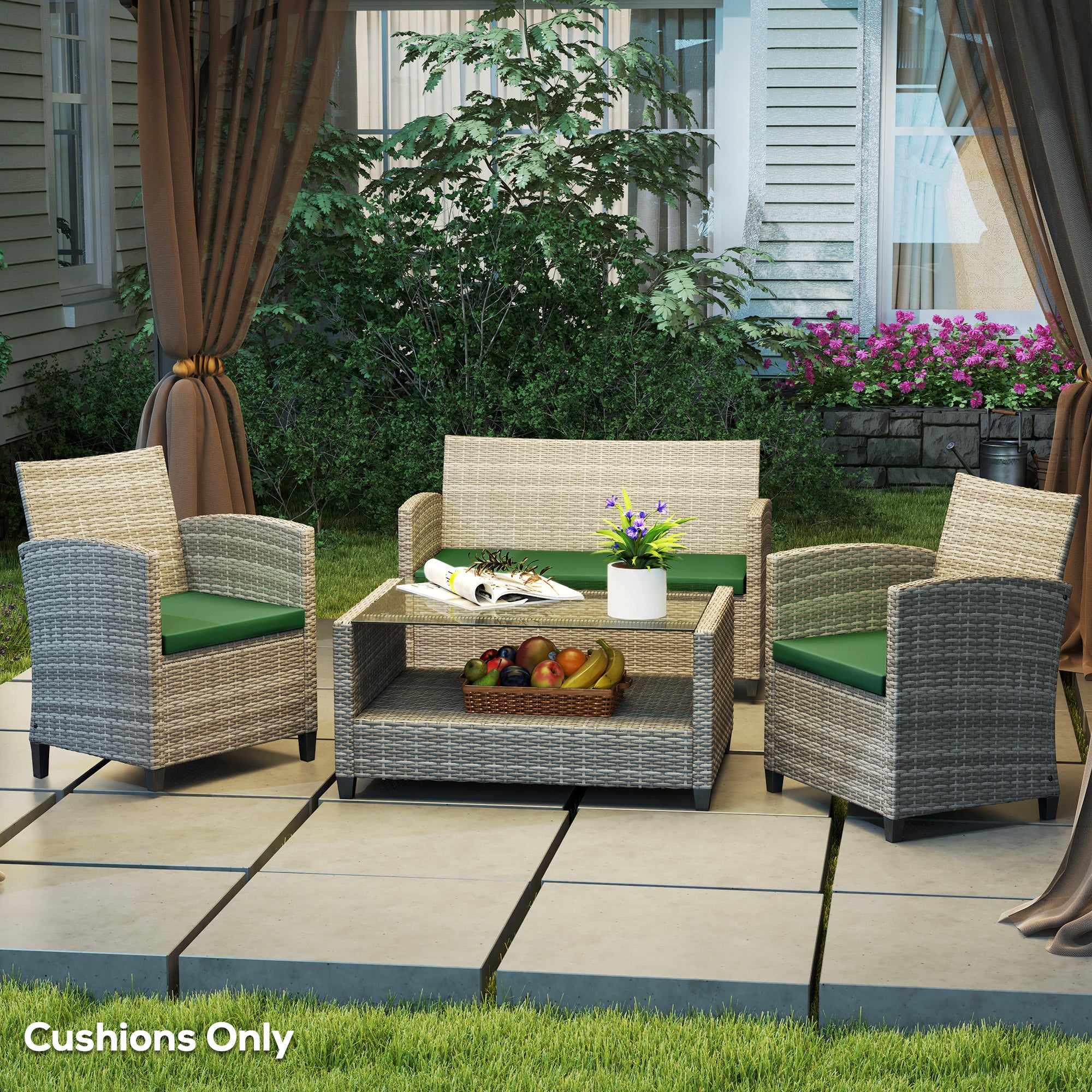 Outdoor Seat Cushion Pads, 3 PC Rattan Furniture, Green