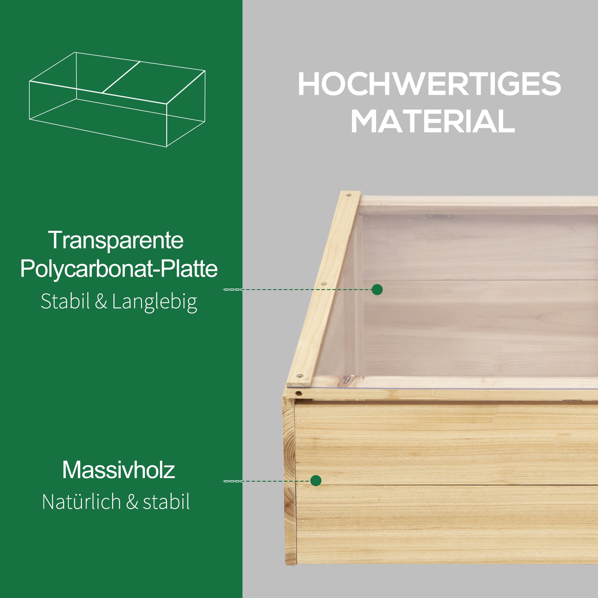 Wooden Greenhouse Cold Frame, Planter System 100x50x35 cm, Natural Fir/PC Board