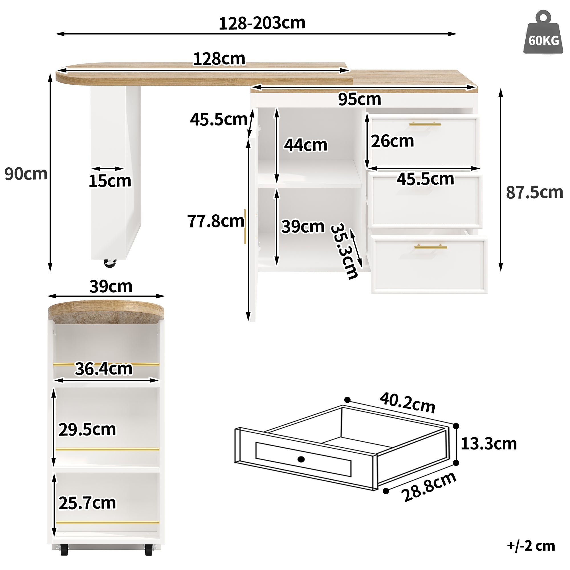 Bar Table with 360° Swivel, 3 Drawers and Storage Shelves, White